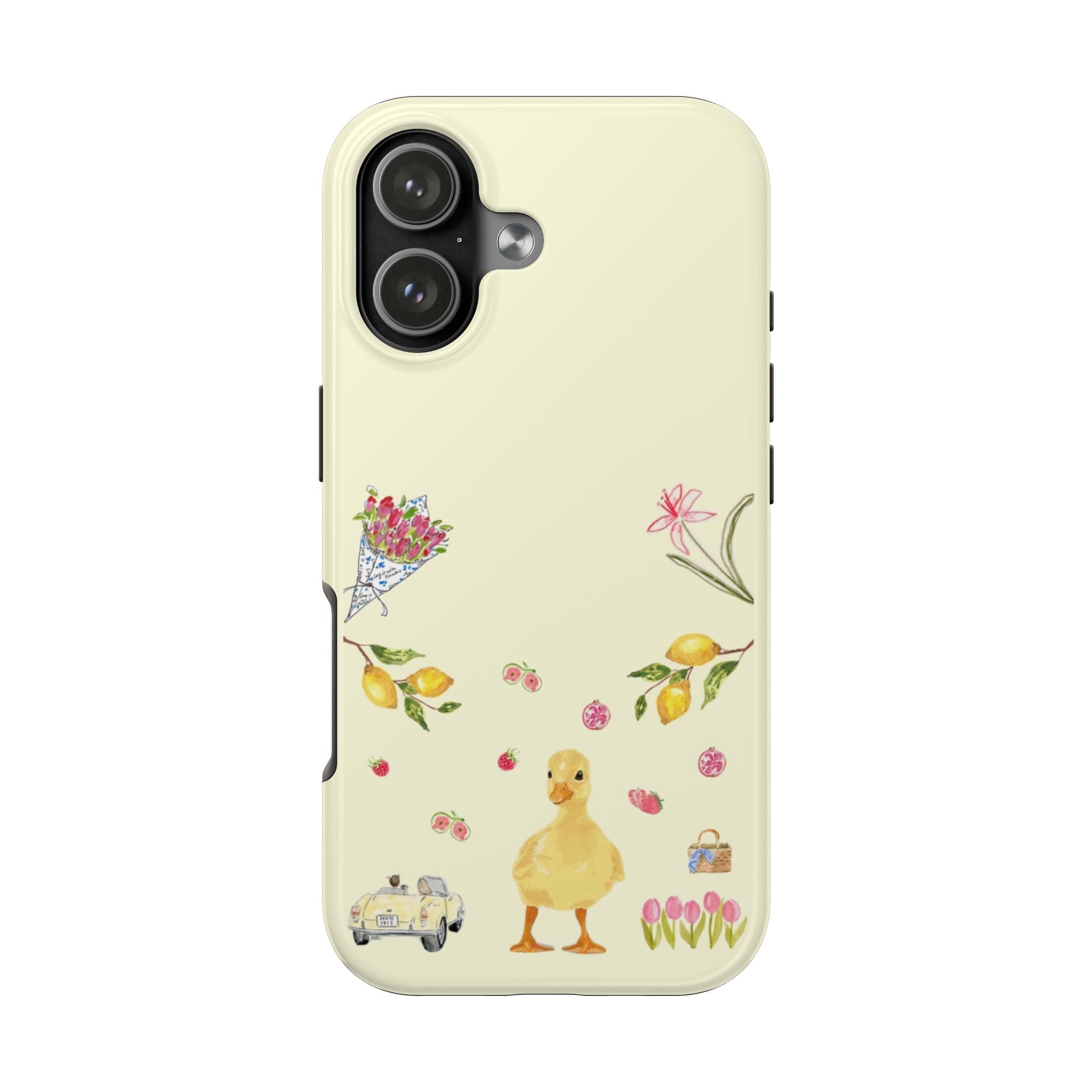 Light cream phone case with duck, flowers, lemons, and spring garden illustrations; camera cutout