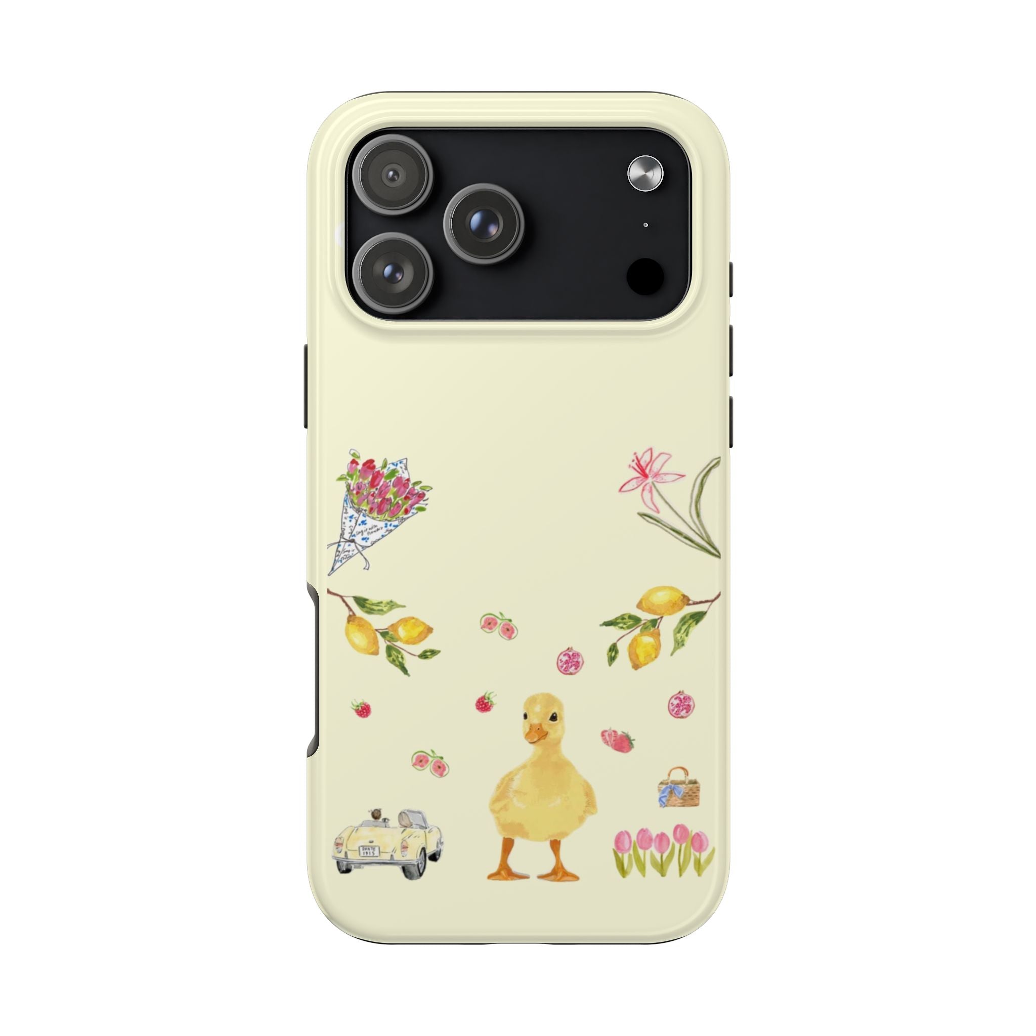 Light cream phone case with duck and flower garden prints; camera cutout on back