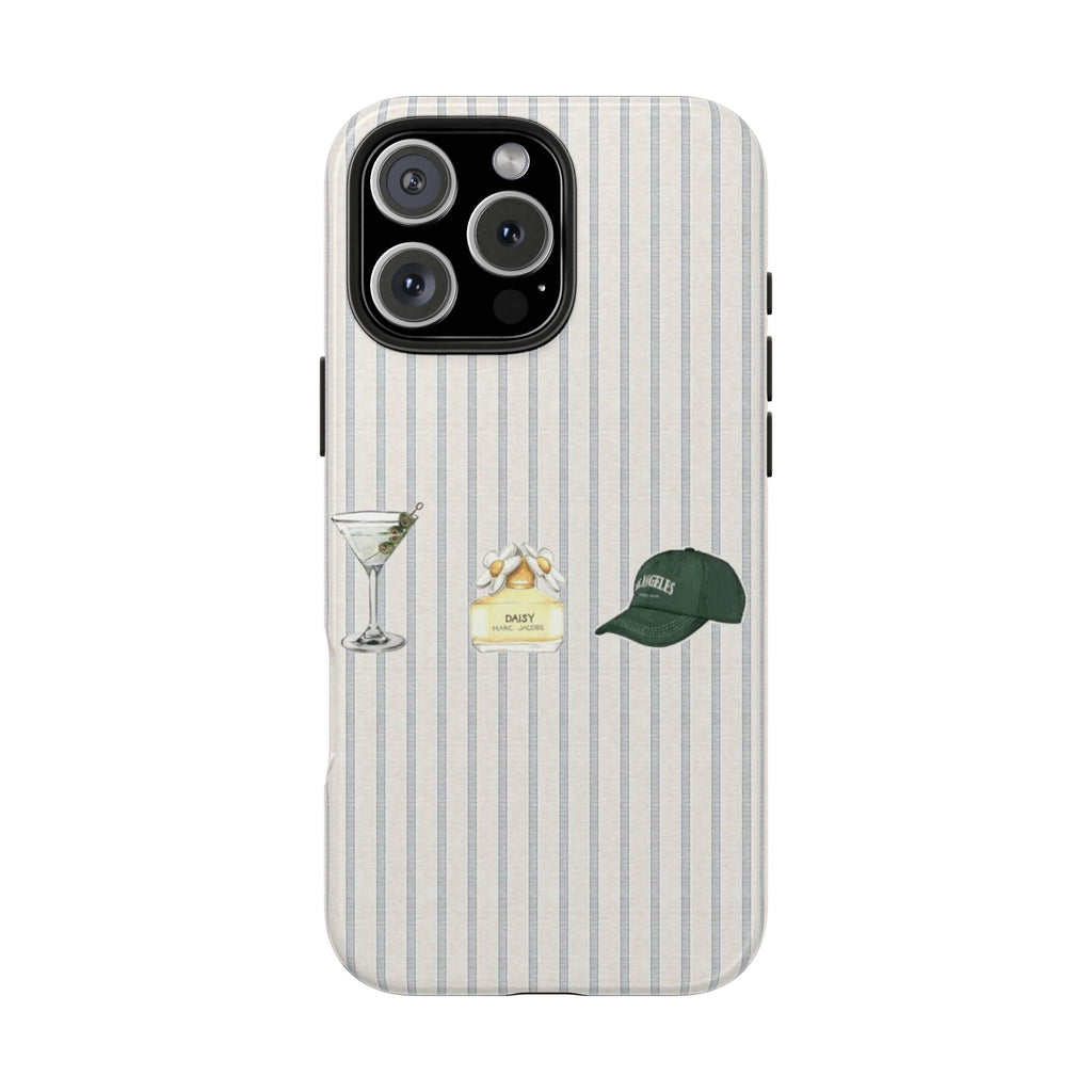 Striped phone case with martini, daisy, and green cap; raised camera openings