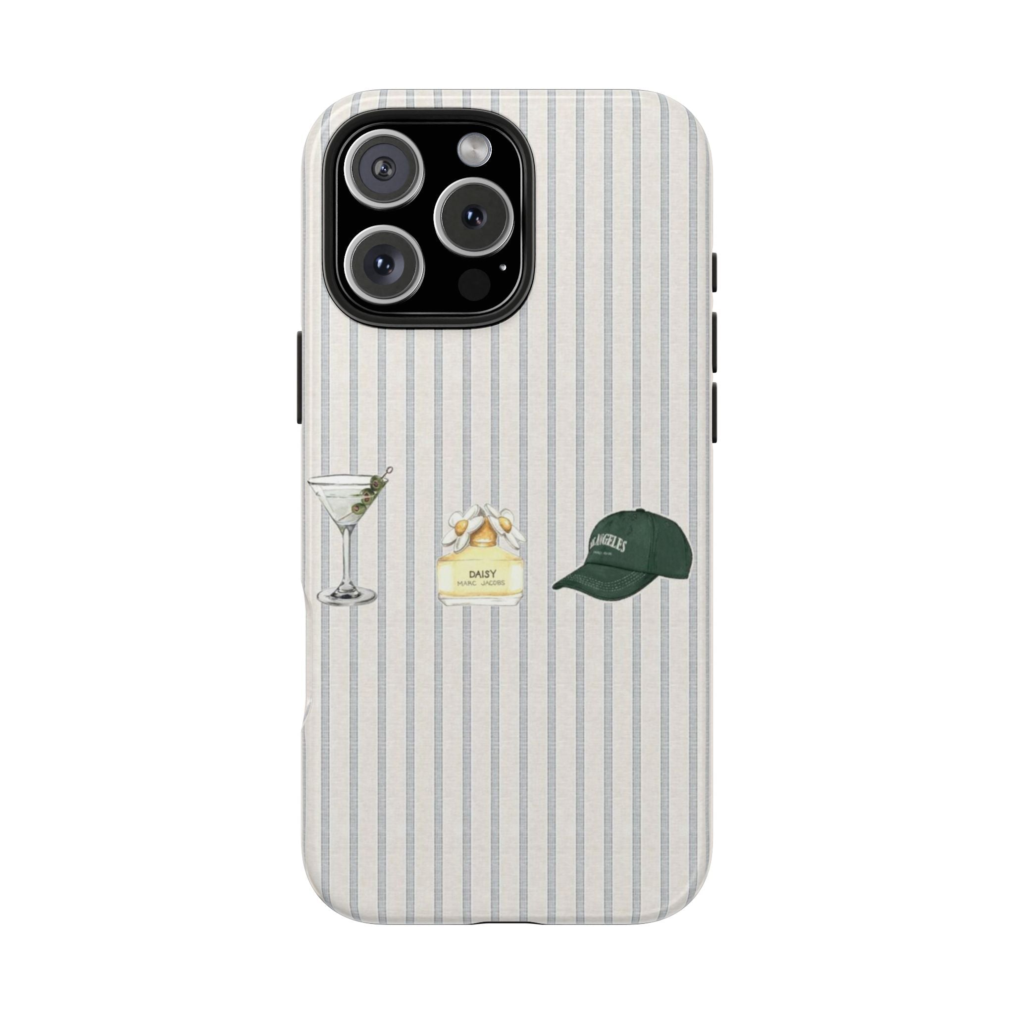 Striped phone case with martini, daisy, and green cap; raised camera openings