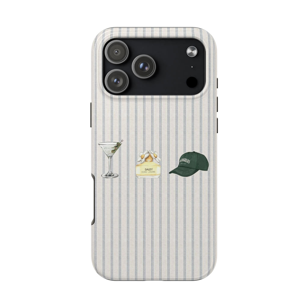Striped phone case with martini, daisy, and green cap; black camera backplate