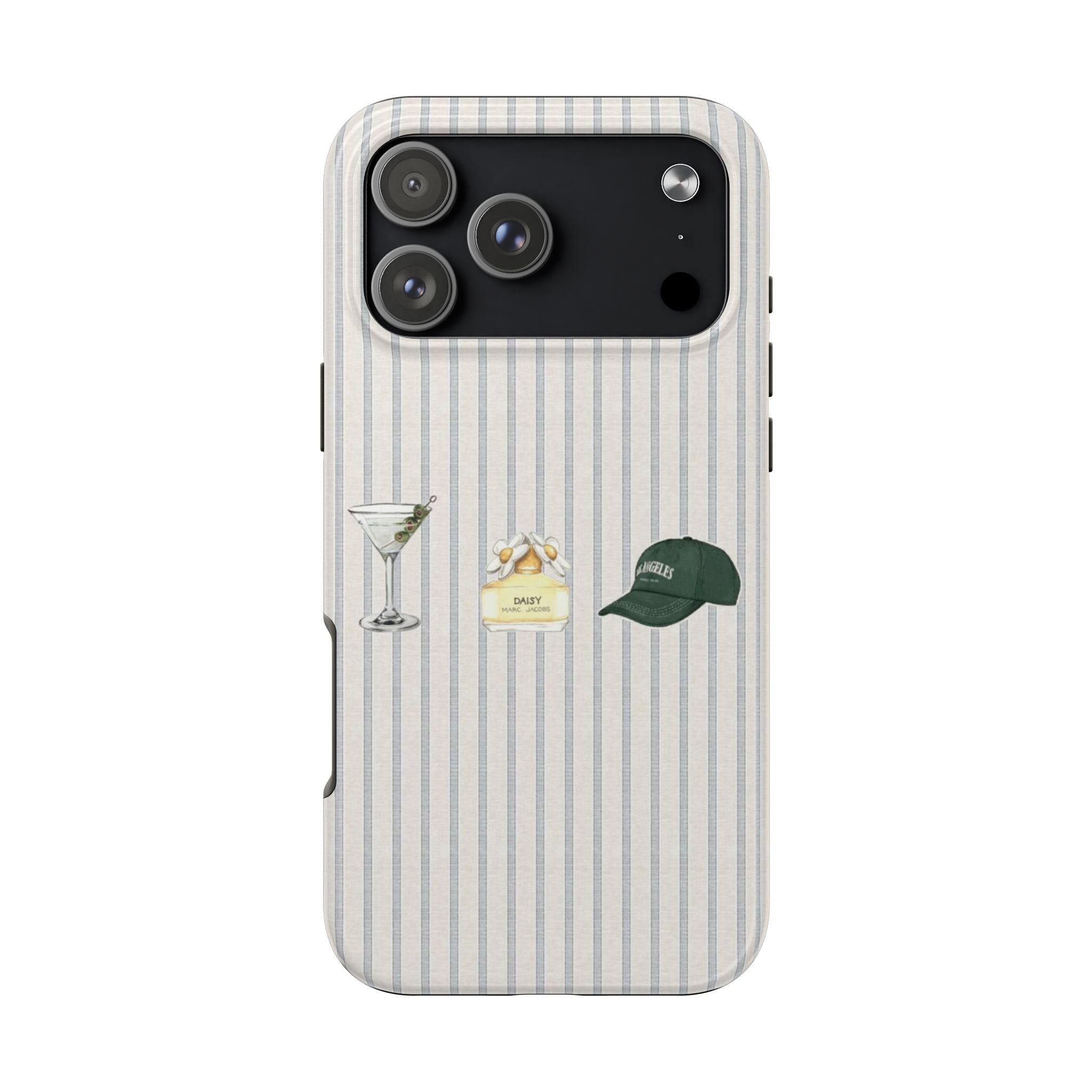 Striped phone case with martini, daisy, and green cap; black camera backplate