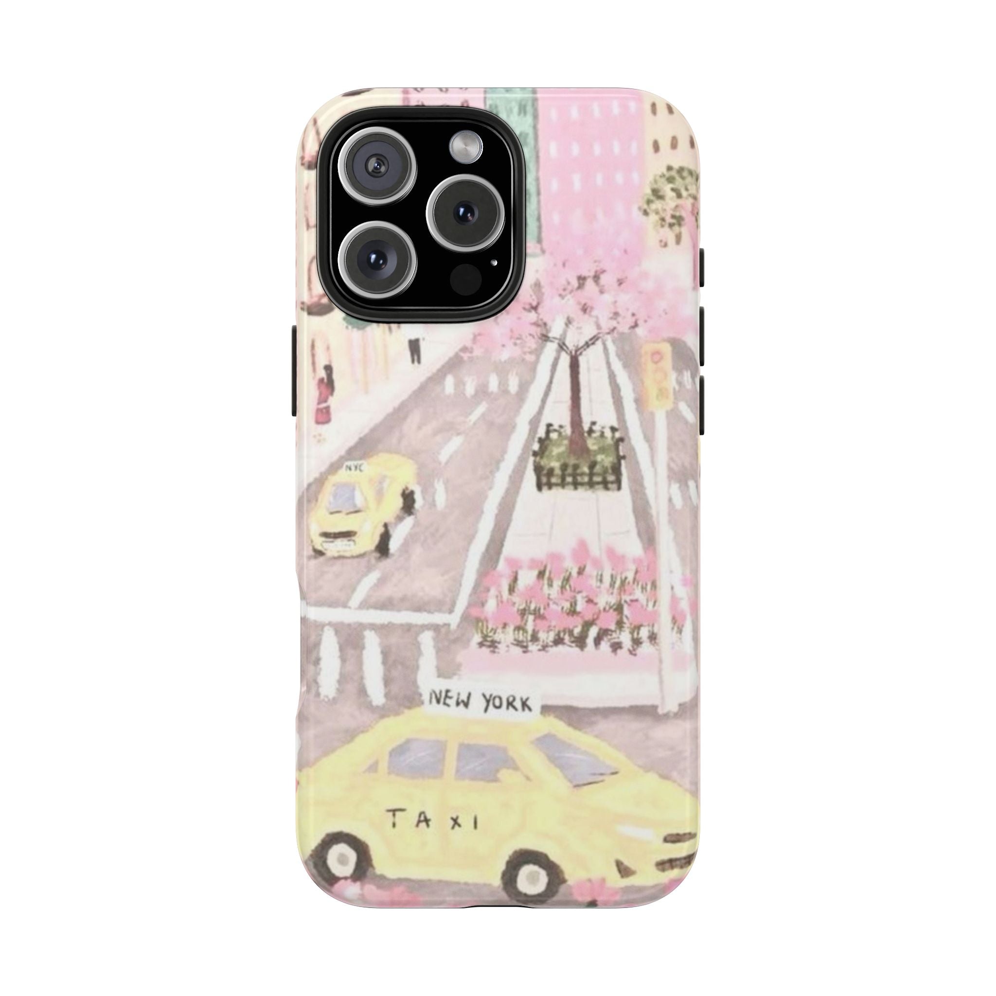 Printed phone case with pink taxi illustration, raised camera cutout