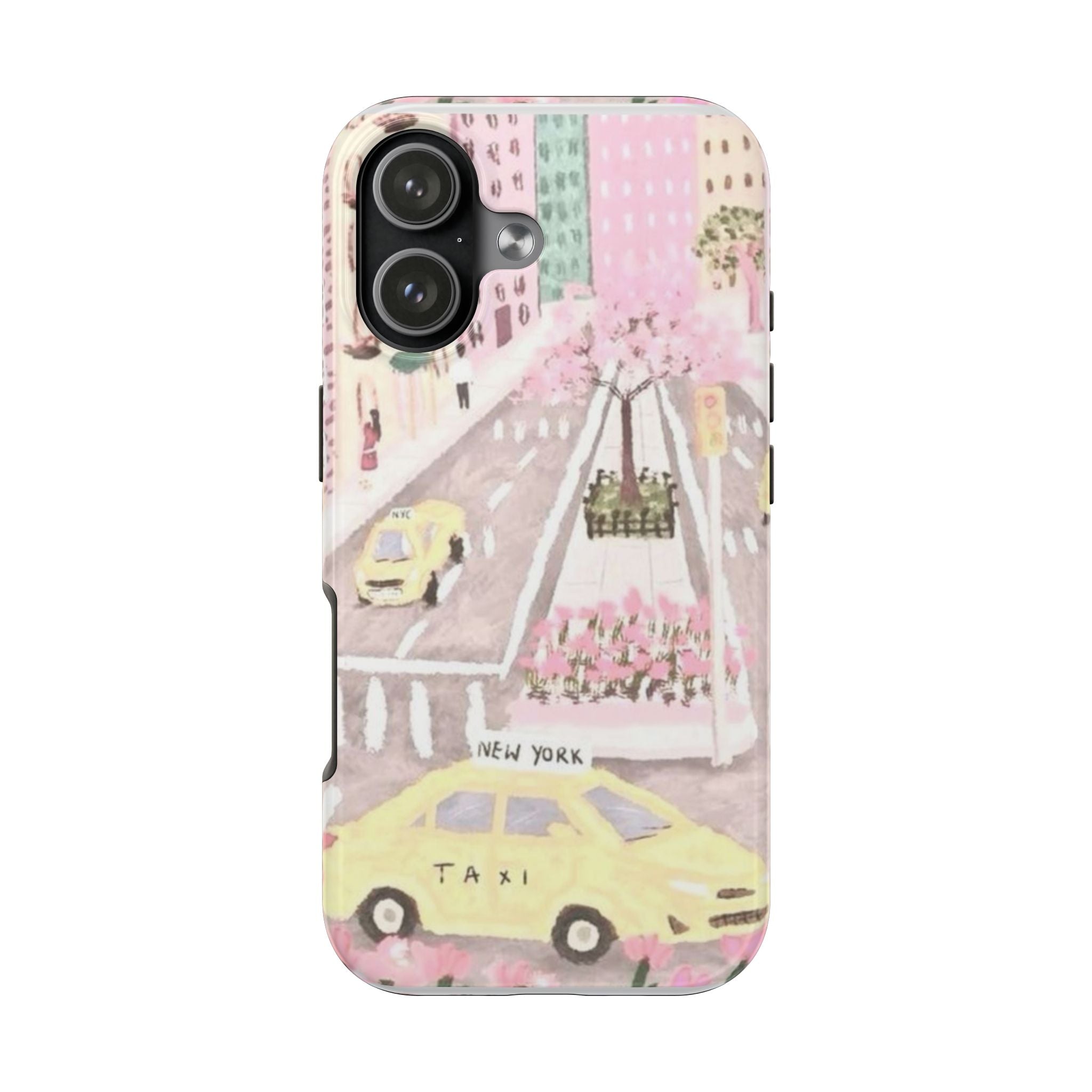 Printed phone case with pink city street illustration, camera cutouts and flash