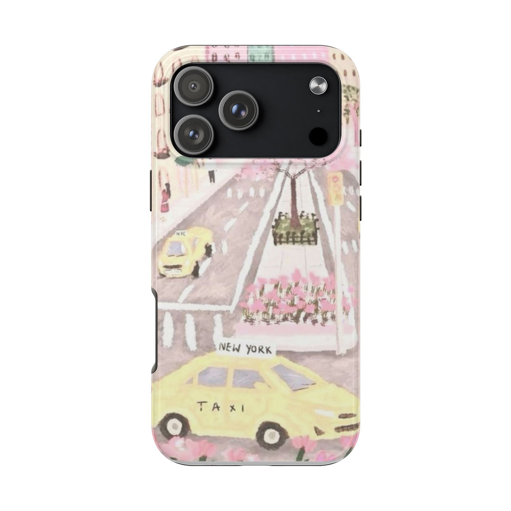 Printed phone case with pink city street illustration, back camera cutouts