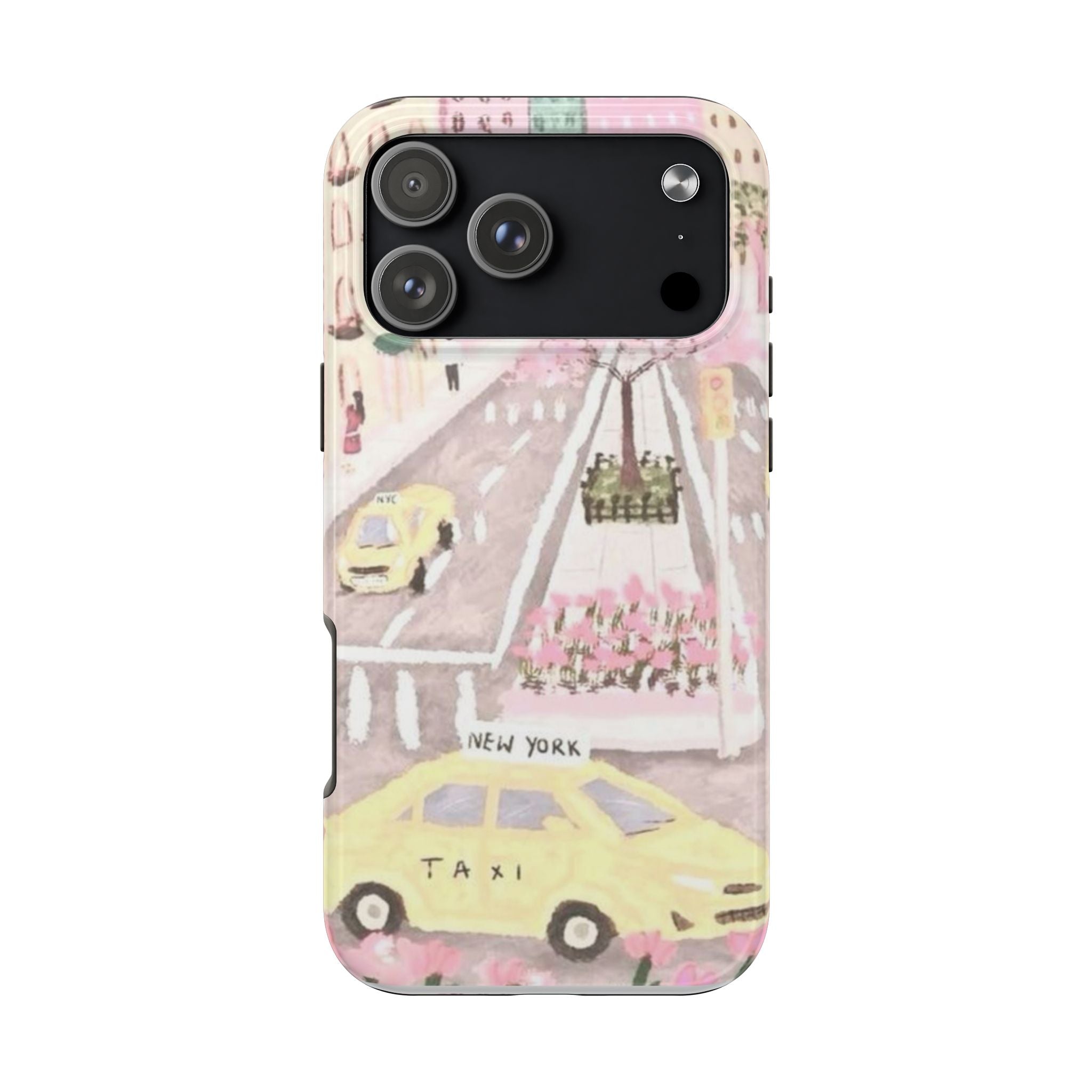 Printed phone case with pink city street illustration, back camera cutouts