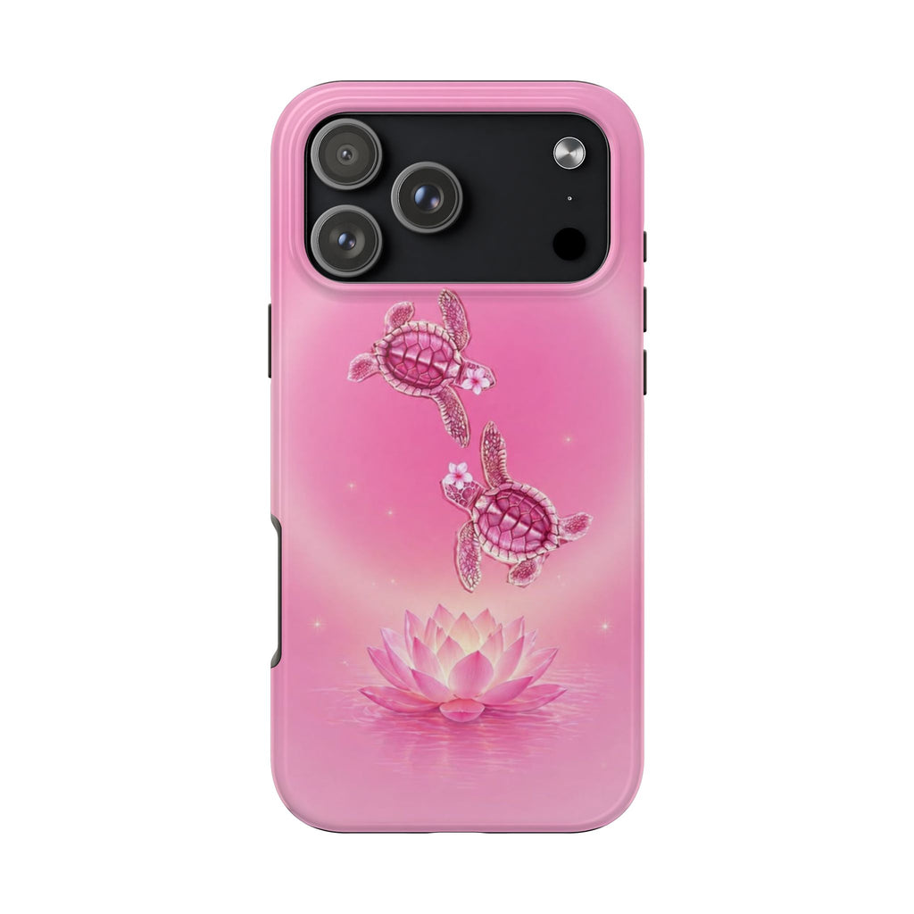 Pink phone case with sea turtles and lotus flower pattern, glossy finish