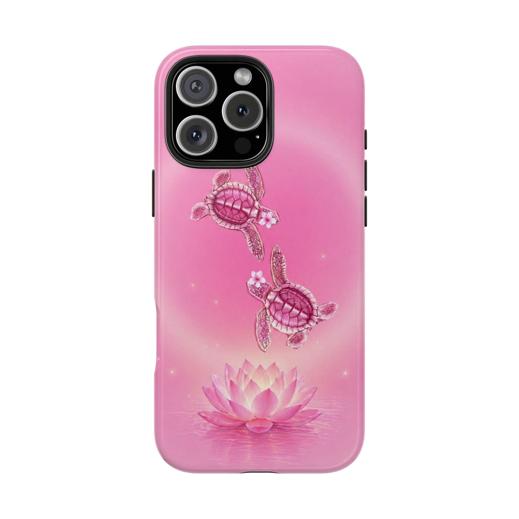 Pink phone case with sea turtles and lotus flower illustration