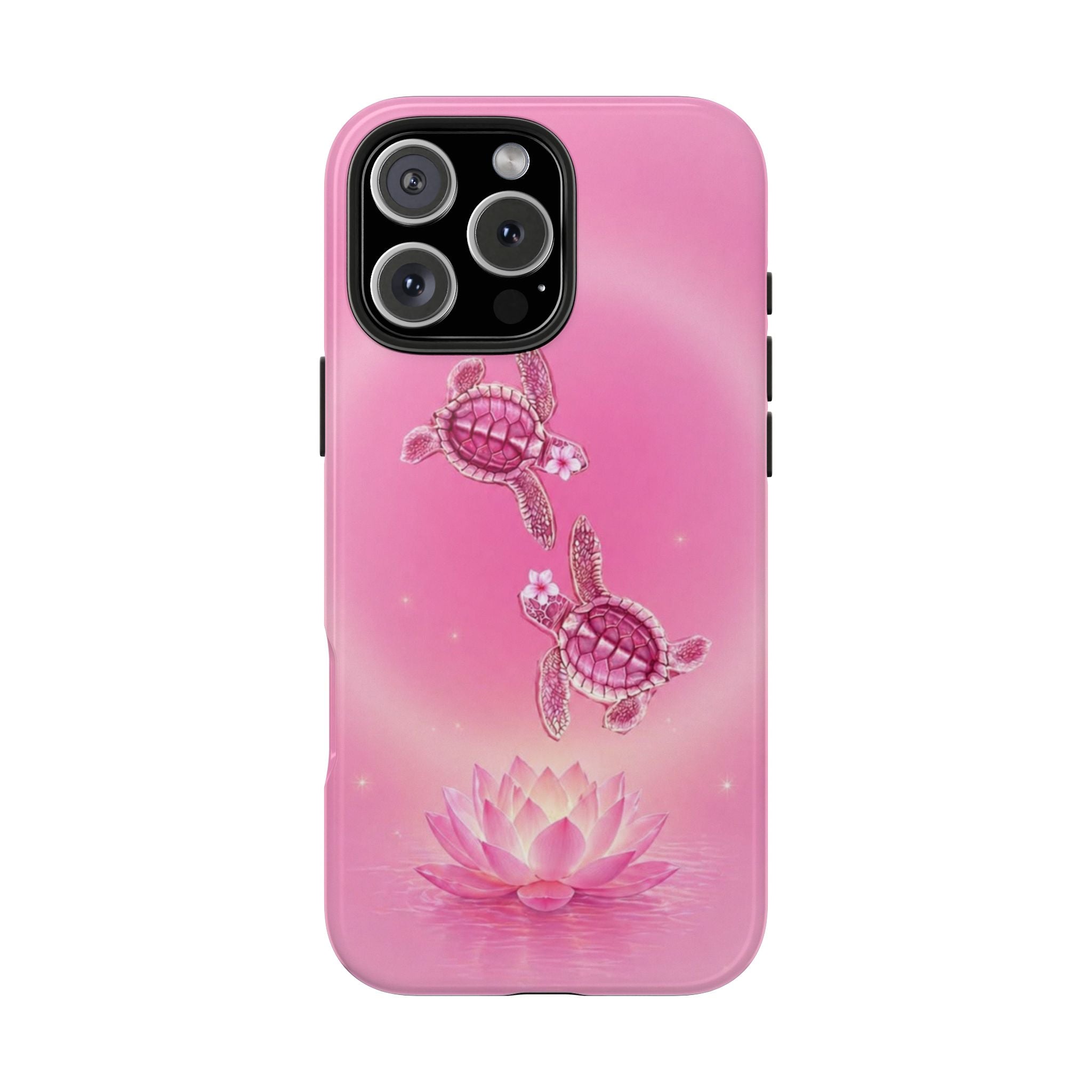 Pink phone case with sea turtles and lotus flower illustration
