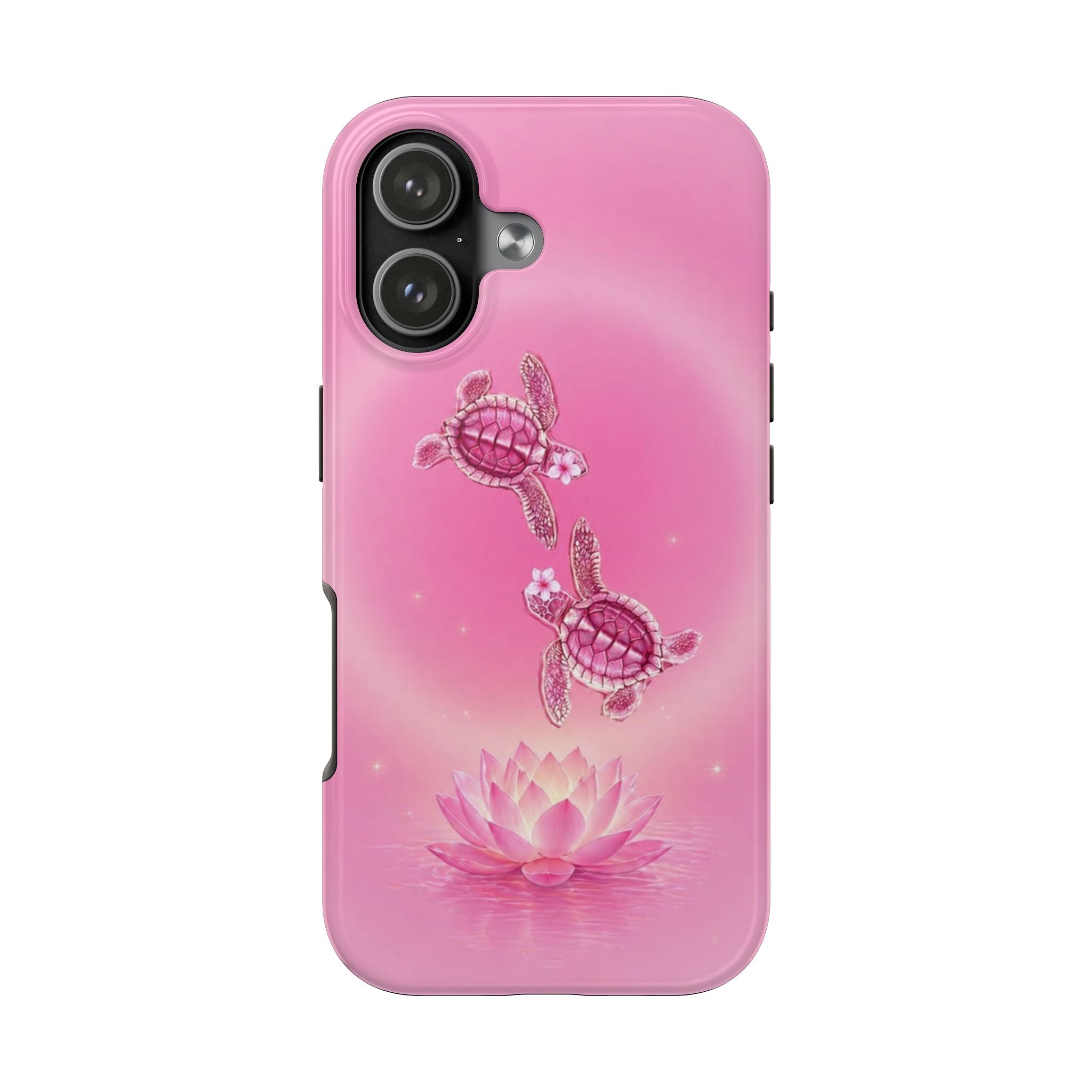 Pink phone case with sea turtles and lotus flower graphic