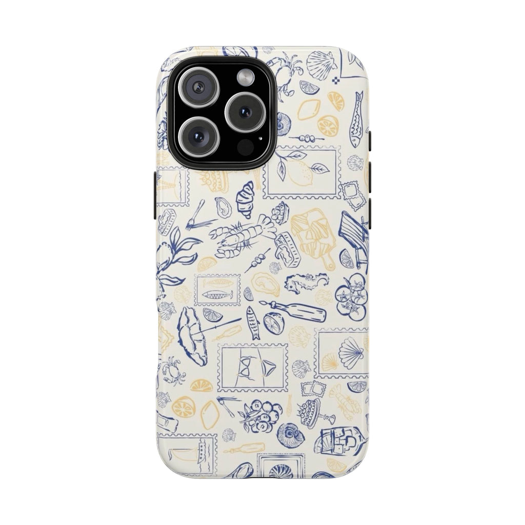 Greetings from Amalfi Coast phone case, beige with blue/yellow seaside stamps and icons