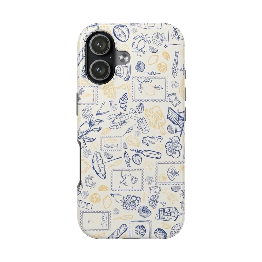 Greetings from Amalfi Coast phone case, front view; beige with blue and yellow illustrated stamps