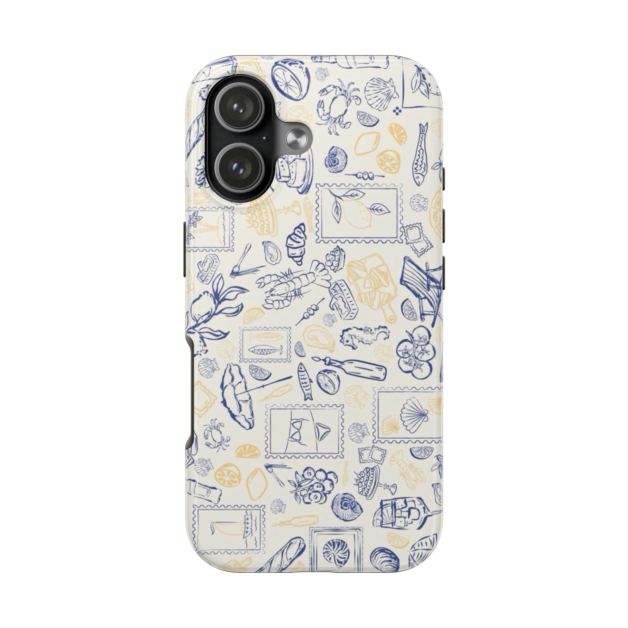 Greetings from Amalfi Coast phone case, front view; beige with blue and yellow illustrated stamps