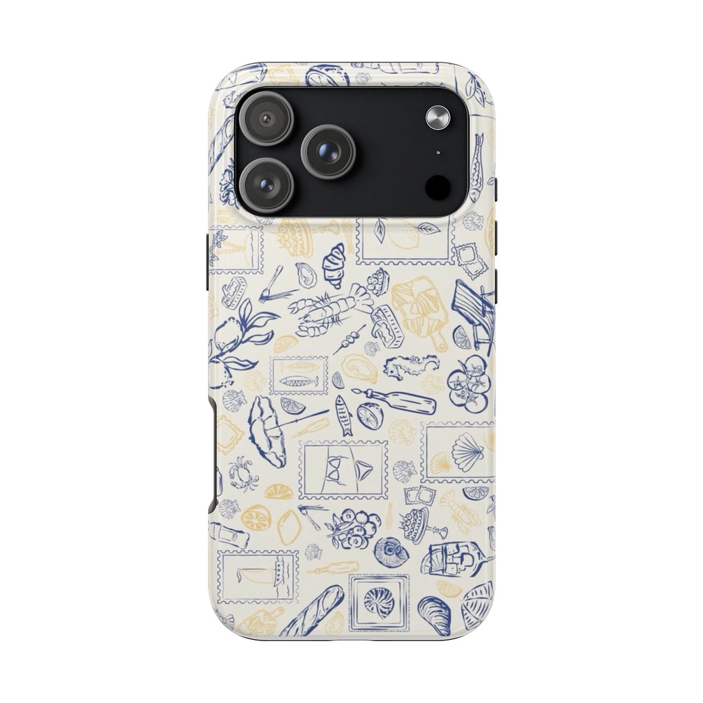 Greetings from Amalfi Coast phone case, back view; beige with blue and yellow nautical stamp pattern
