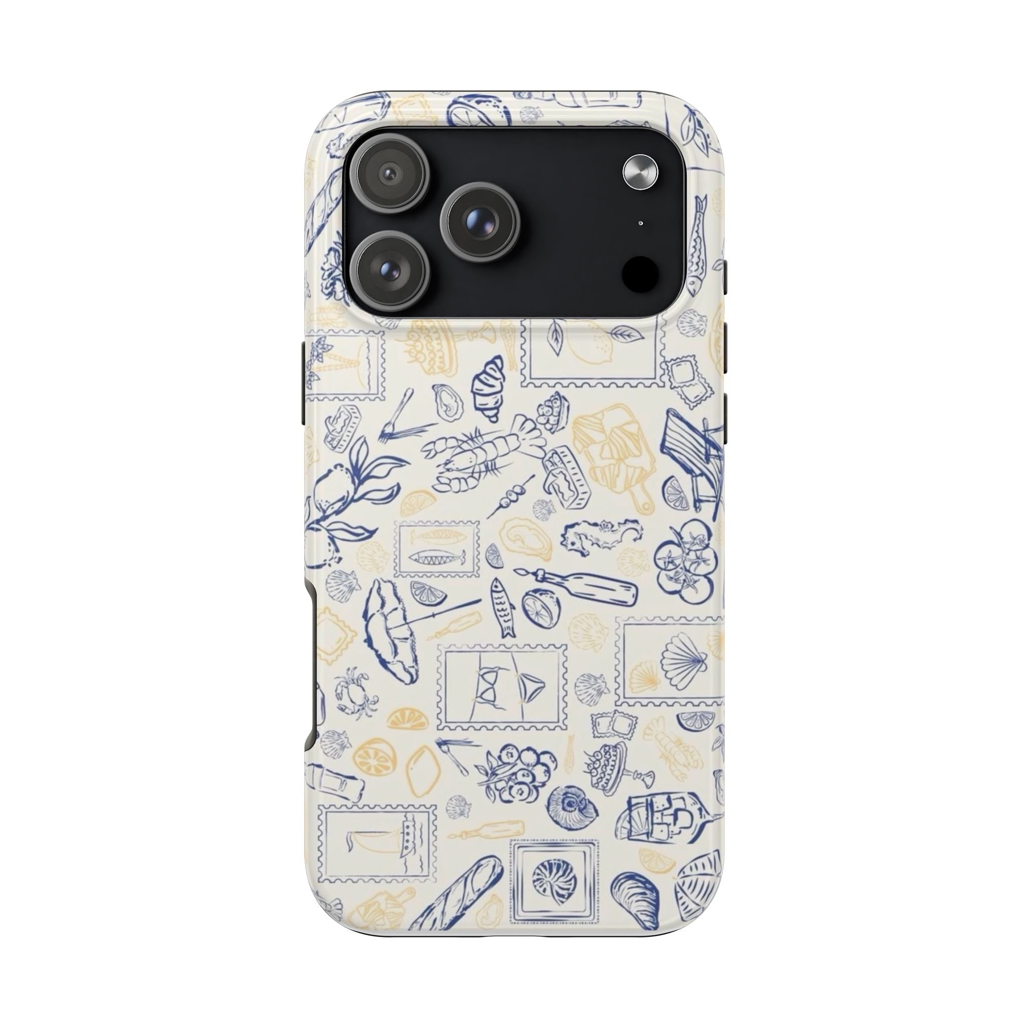 Greetings from Amalfi Coast phone case, back view; beige with blue and yellow nautical stamp pattern