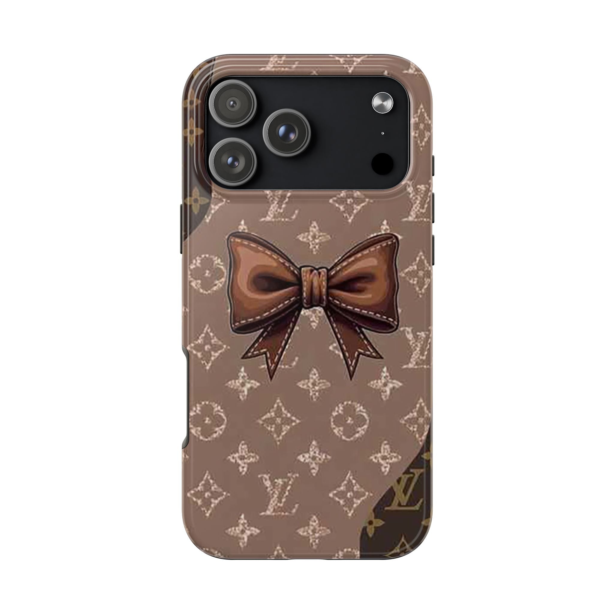 Brown LV phone case with patterned bow and camera cutouts