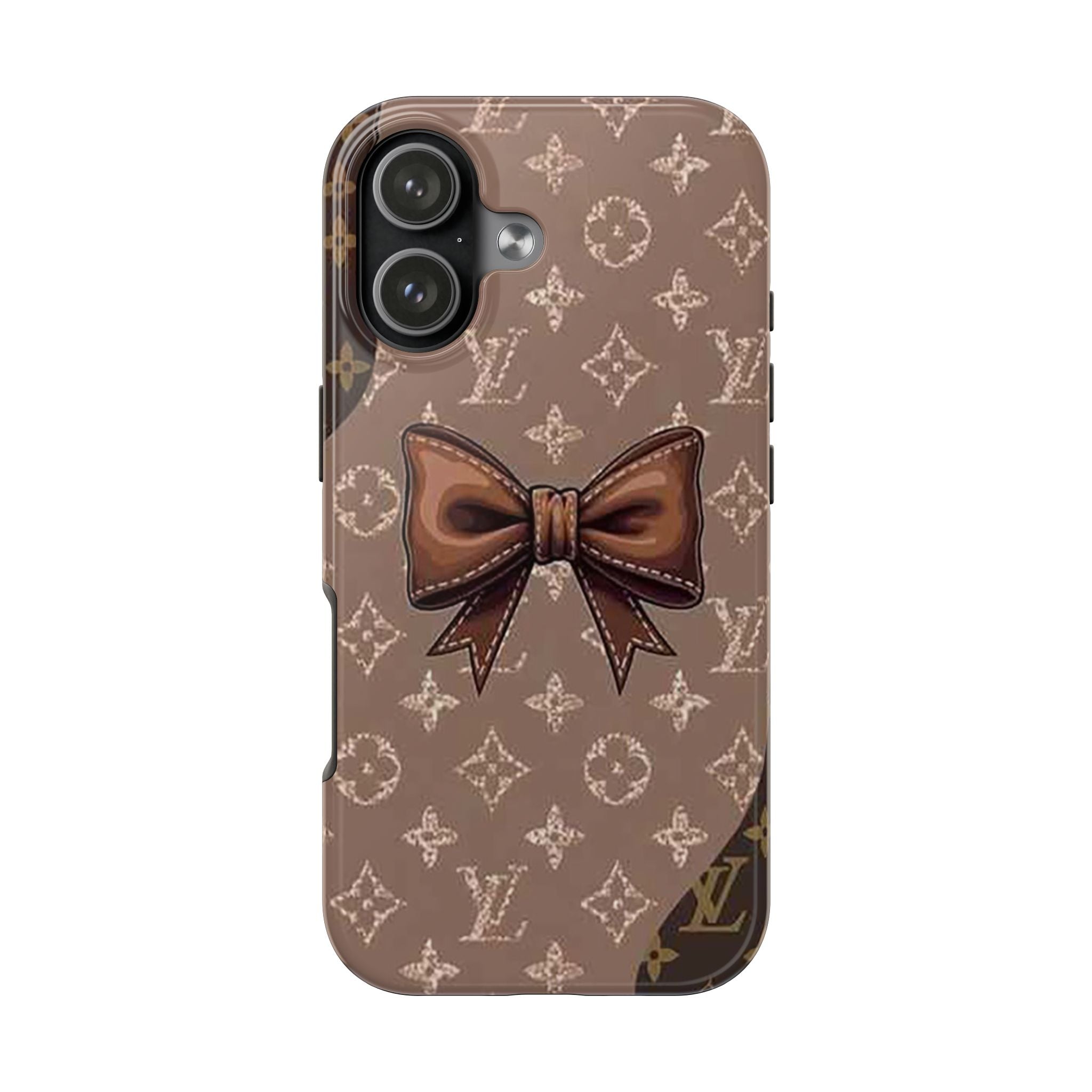 Brown LV phone case with patterned bow and camera module cutout