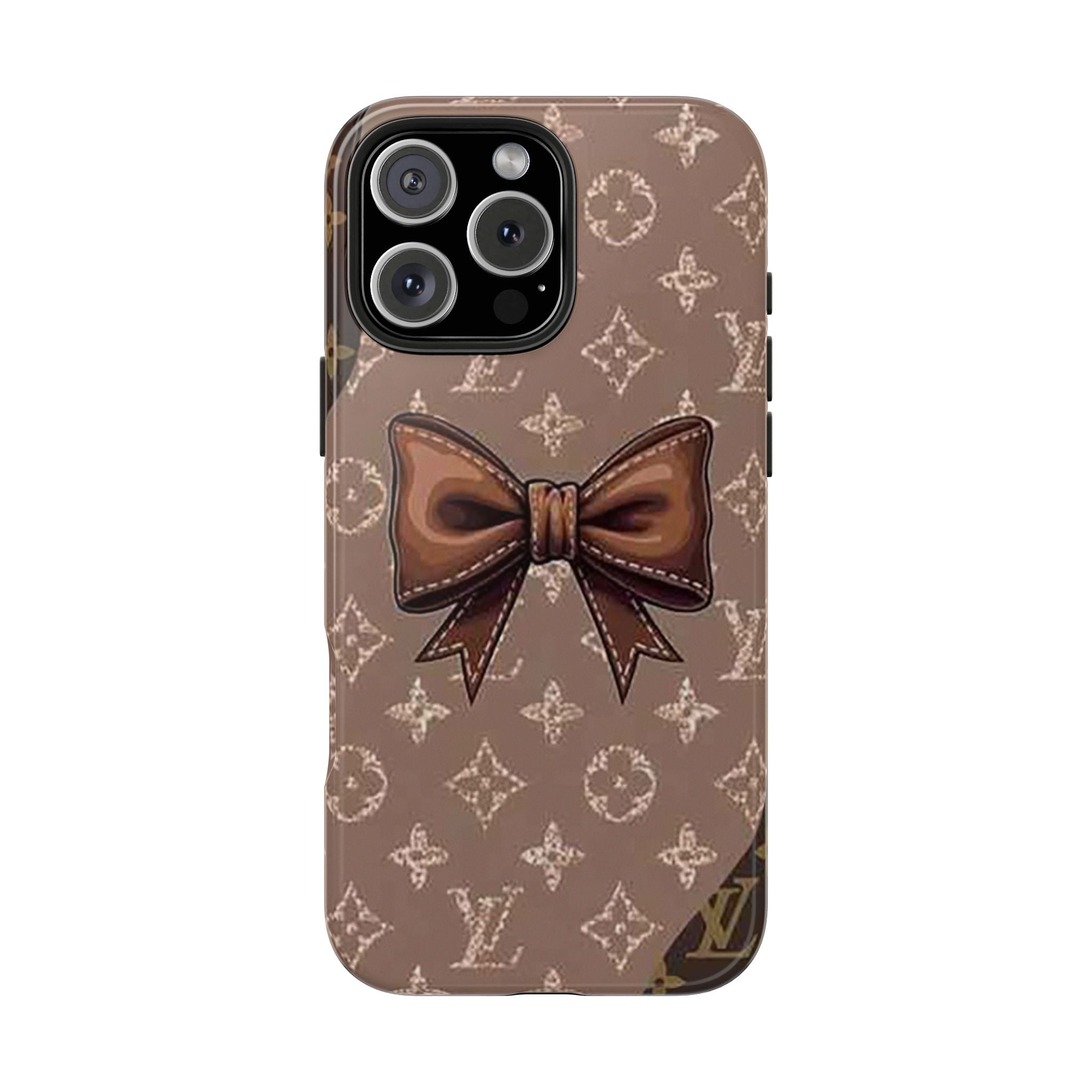 Brown LV phone case with patterned bow and camera cutout openings