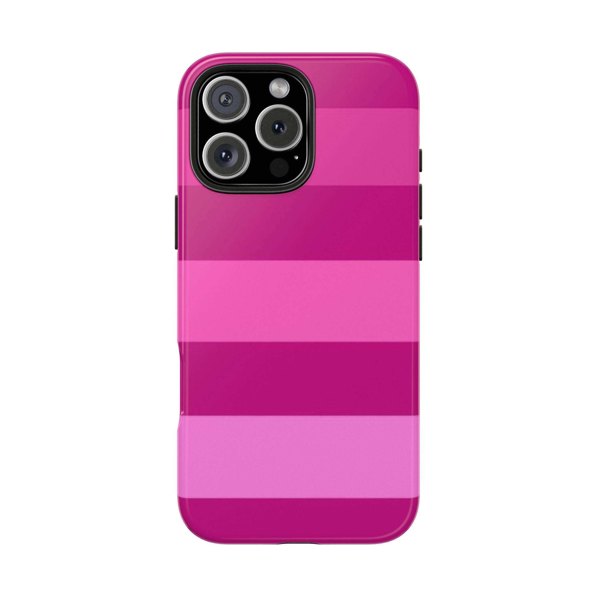 Pink striped phone case with magenta gradient and camera cutout, glossy finish