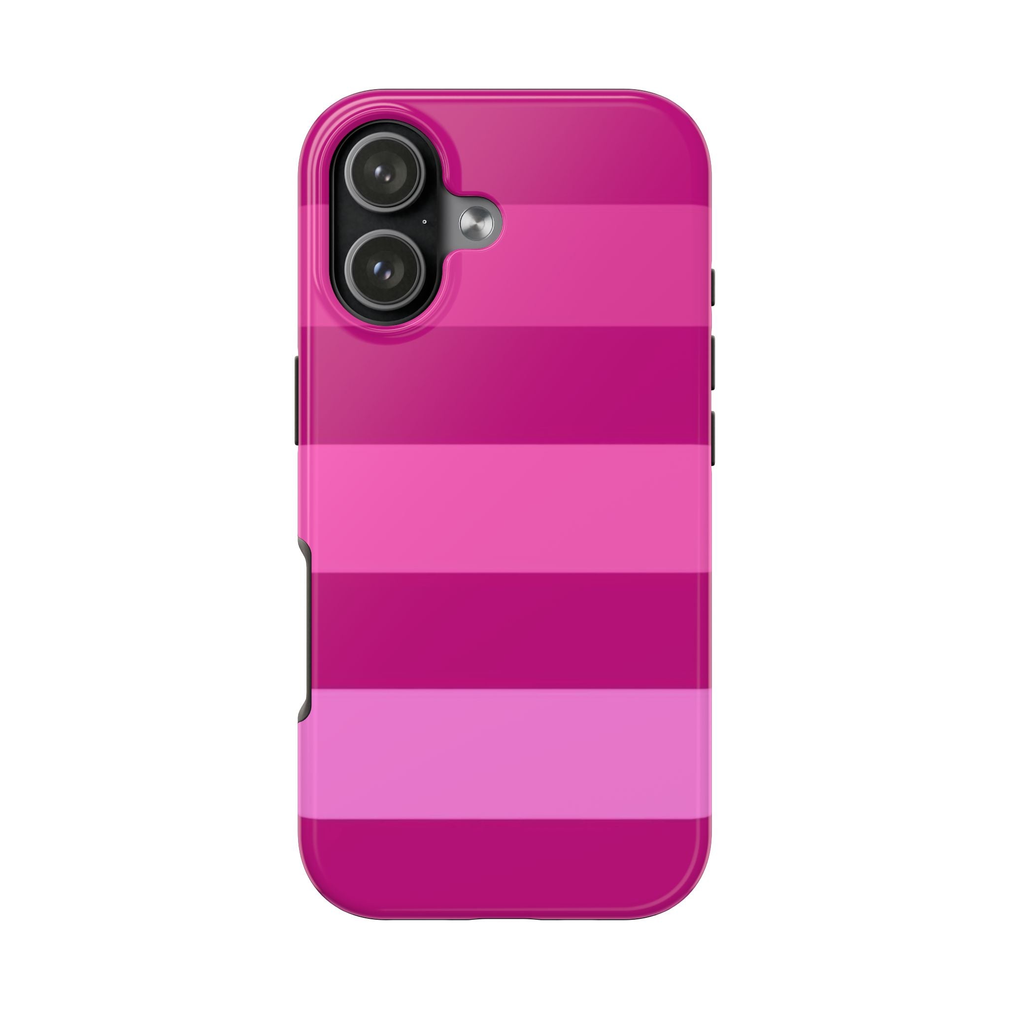 Magenta and pink striped phone case with camera cutouts and smooth glossy finish
