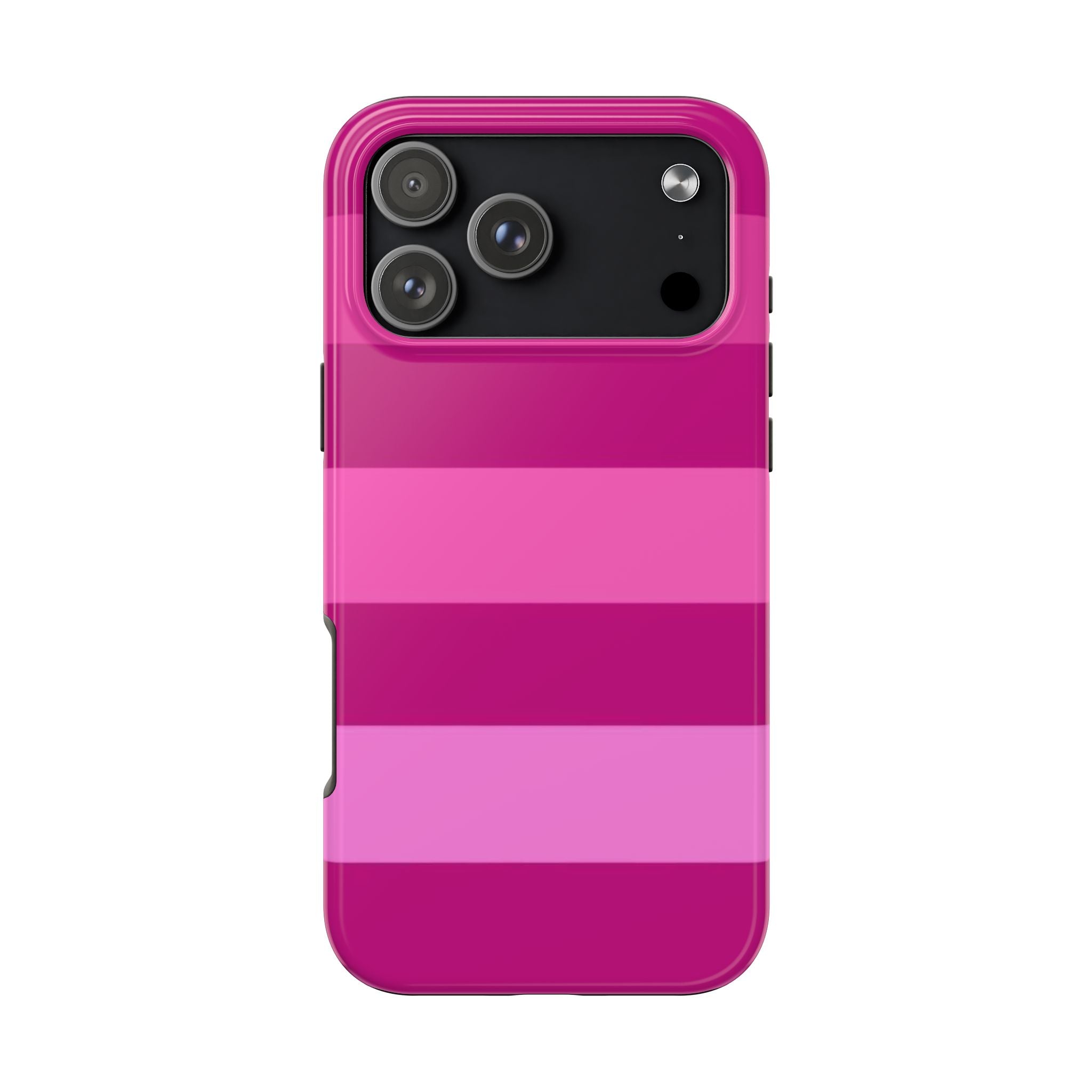 Pink striped phone case with magenta gradient and raised camera bezel