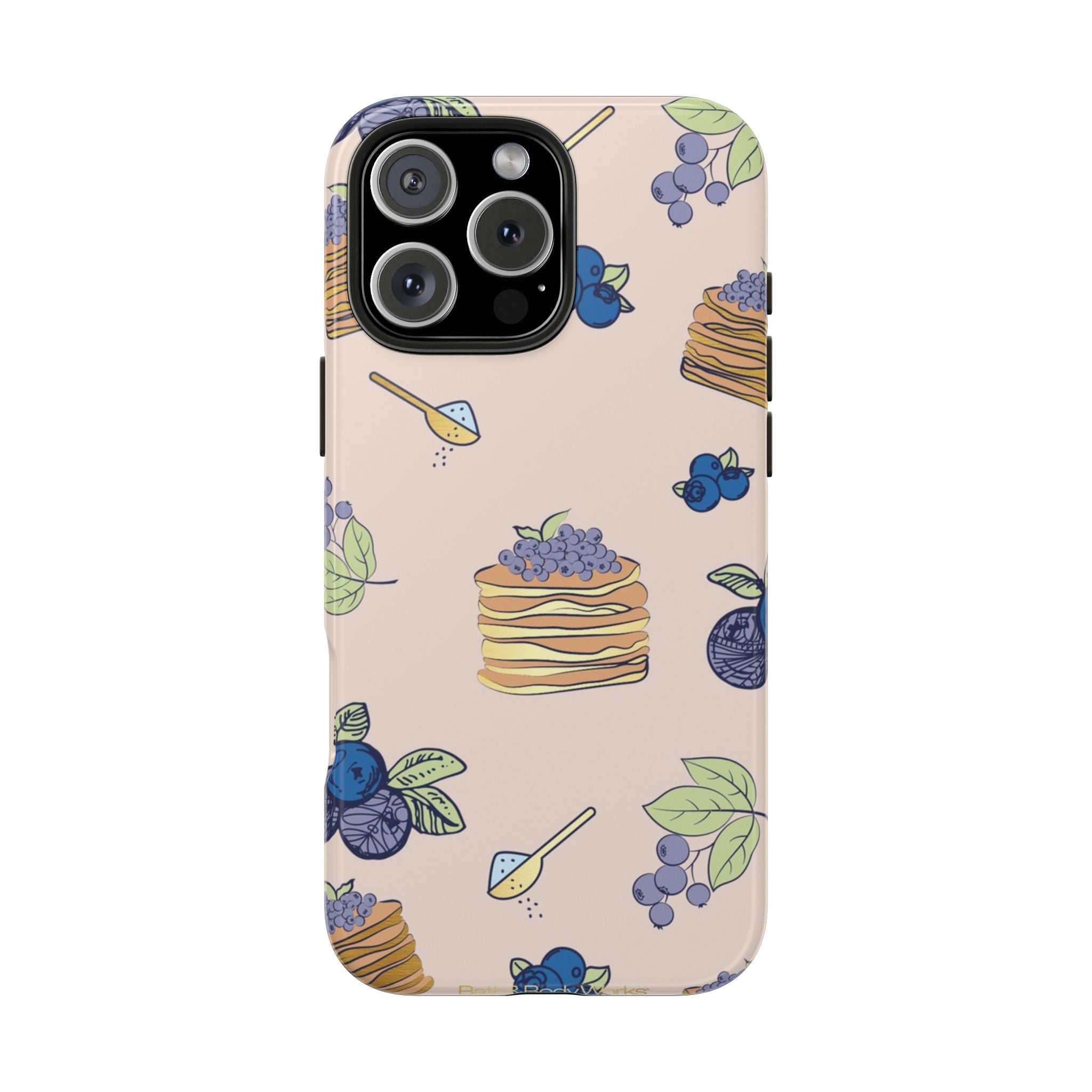 Phone case with light pink berry pancake print and black camera frame, cutouts visible