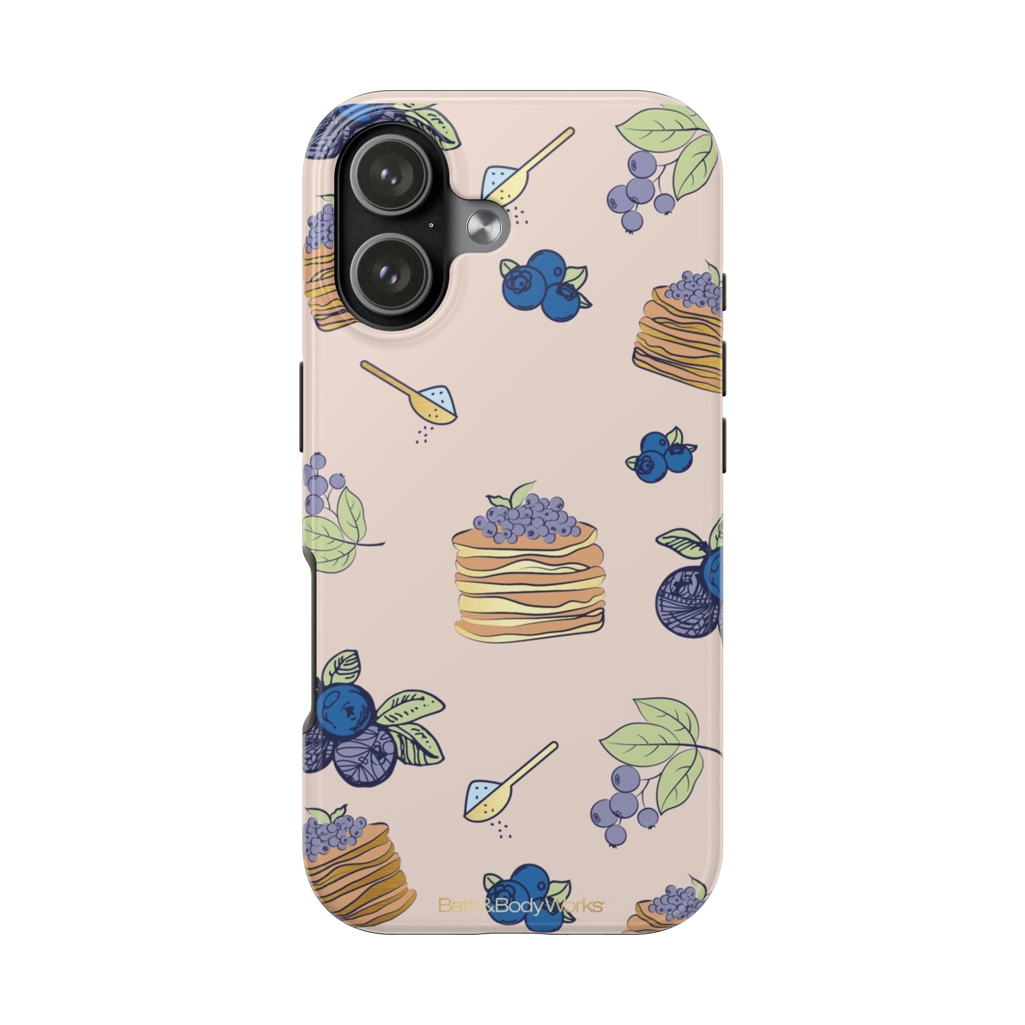 Phone case with light pink base and blue berry pancake pattern, camera cutouts