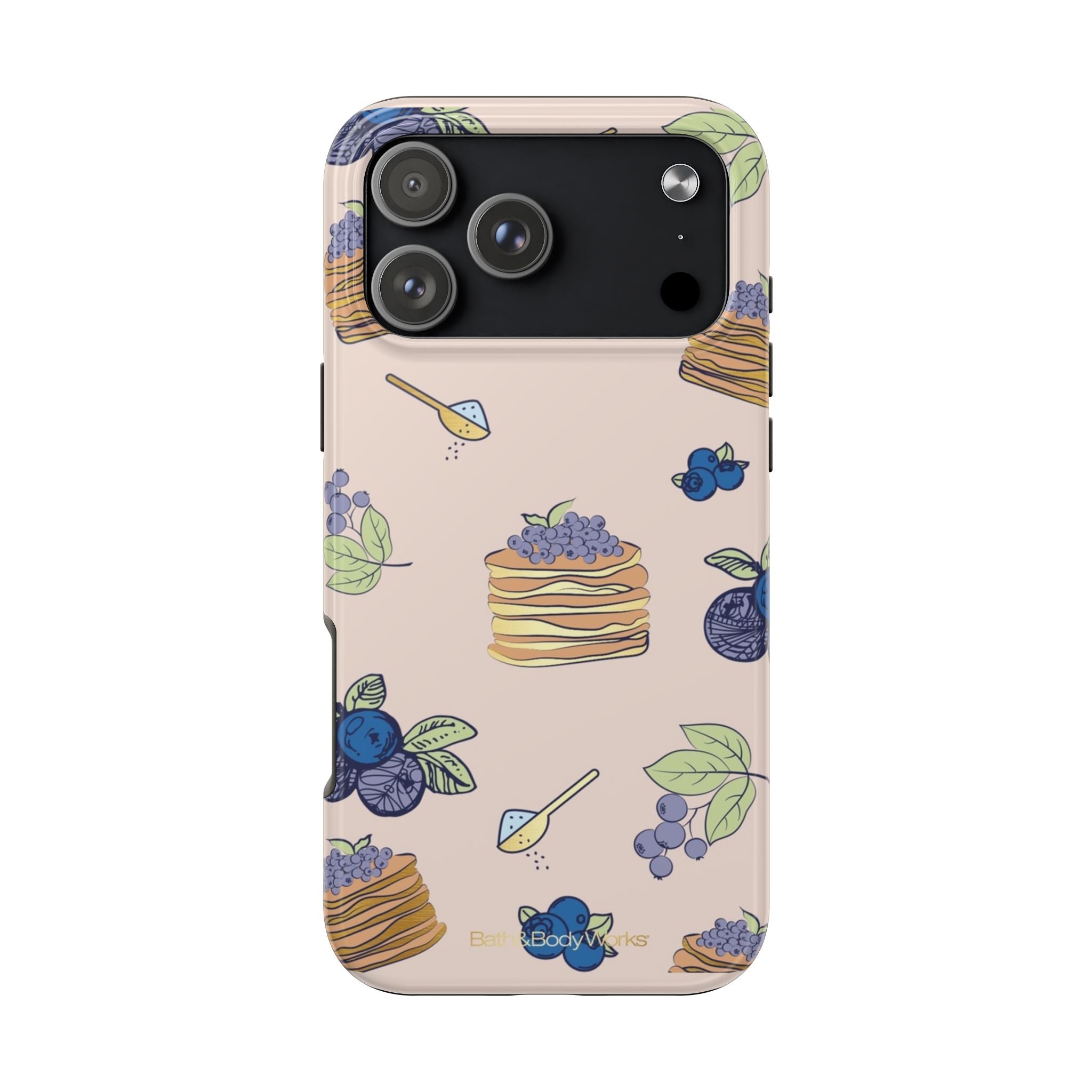 Phone case with light pink berry and pancakes pattern, black camera panel at top