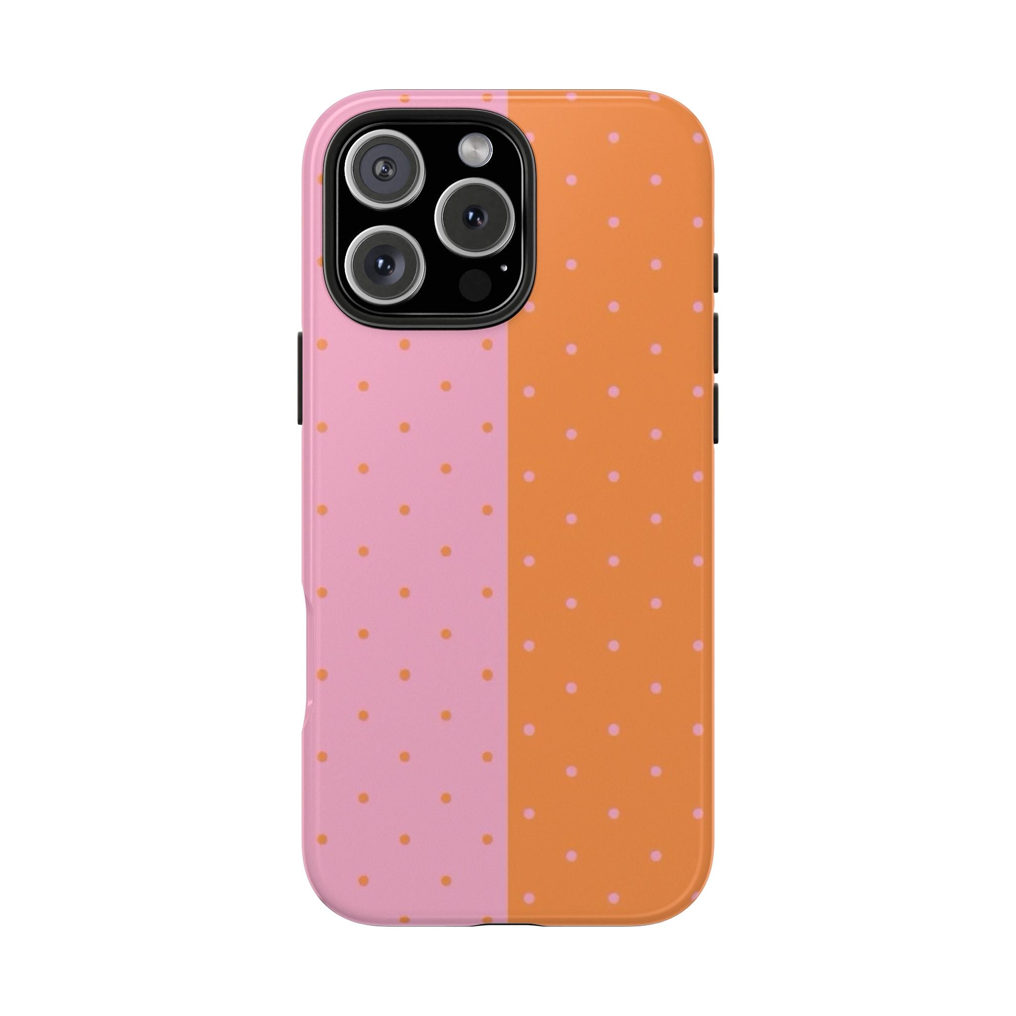 Two-tone phone case with pink and orange polka dots and triple camera cutout