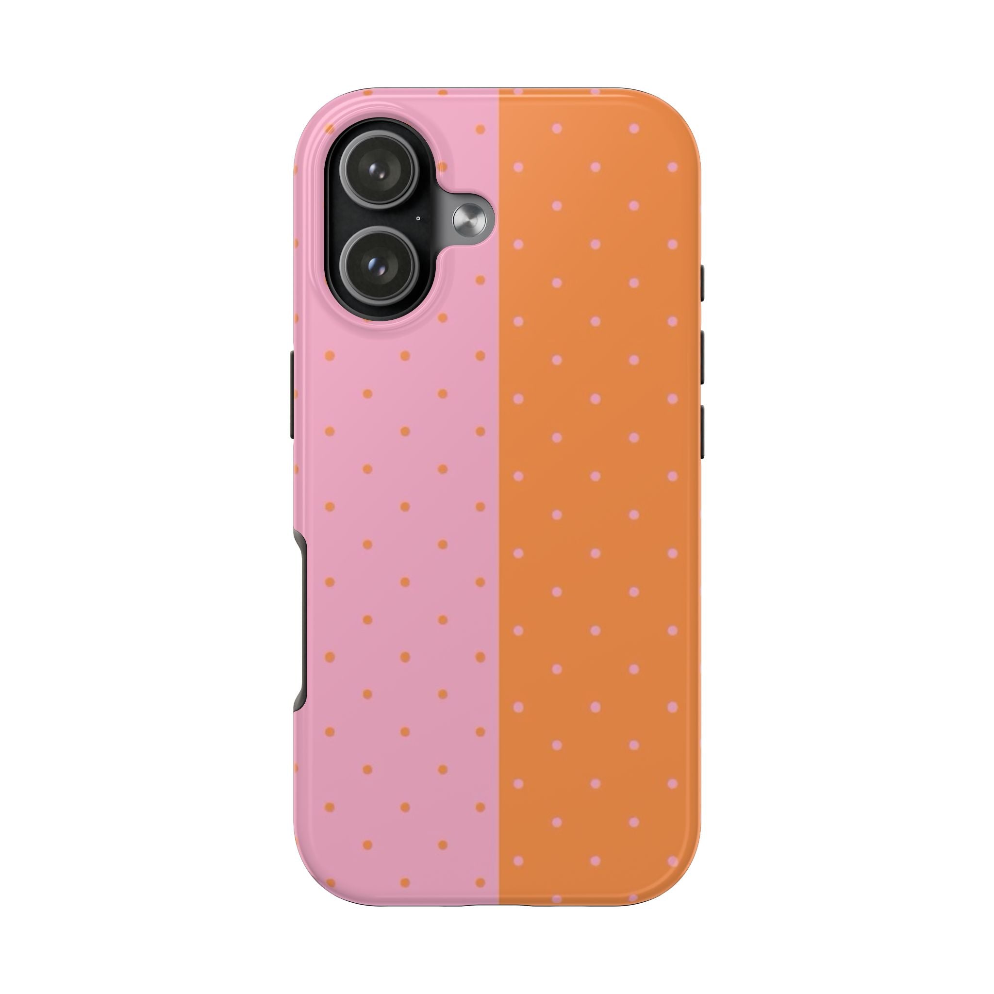 Two-tone phone case with orange and pink polka dots and dual camera cutouts