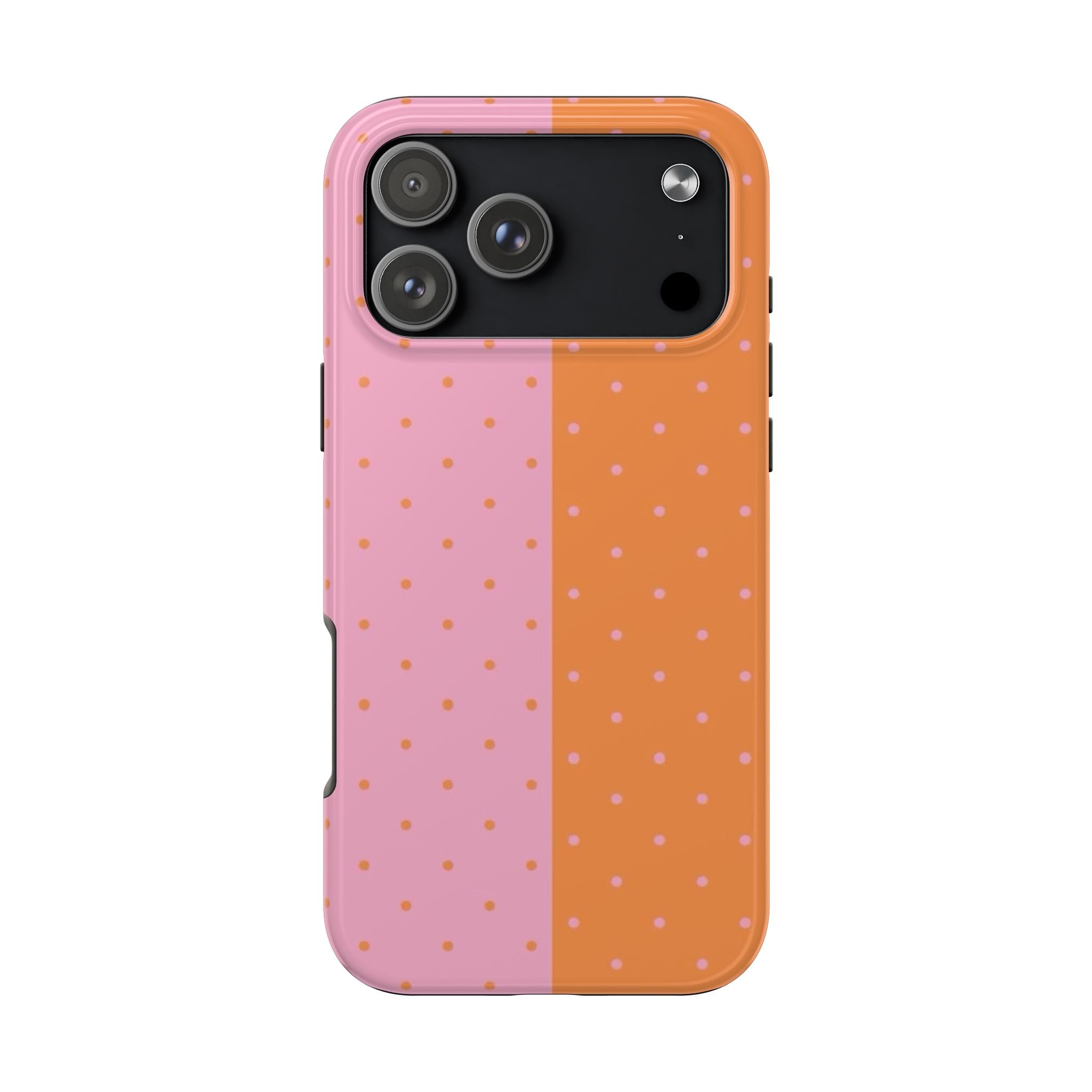 Two-tone phone case with orange and pink polka dots and camera module cutout