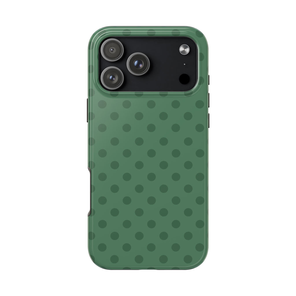Green polka dot phone case with cutouts for camera and flash, protective edges