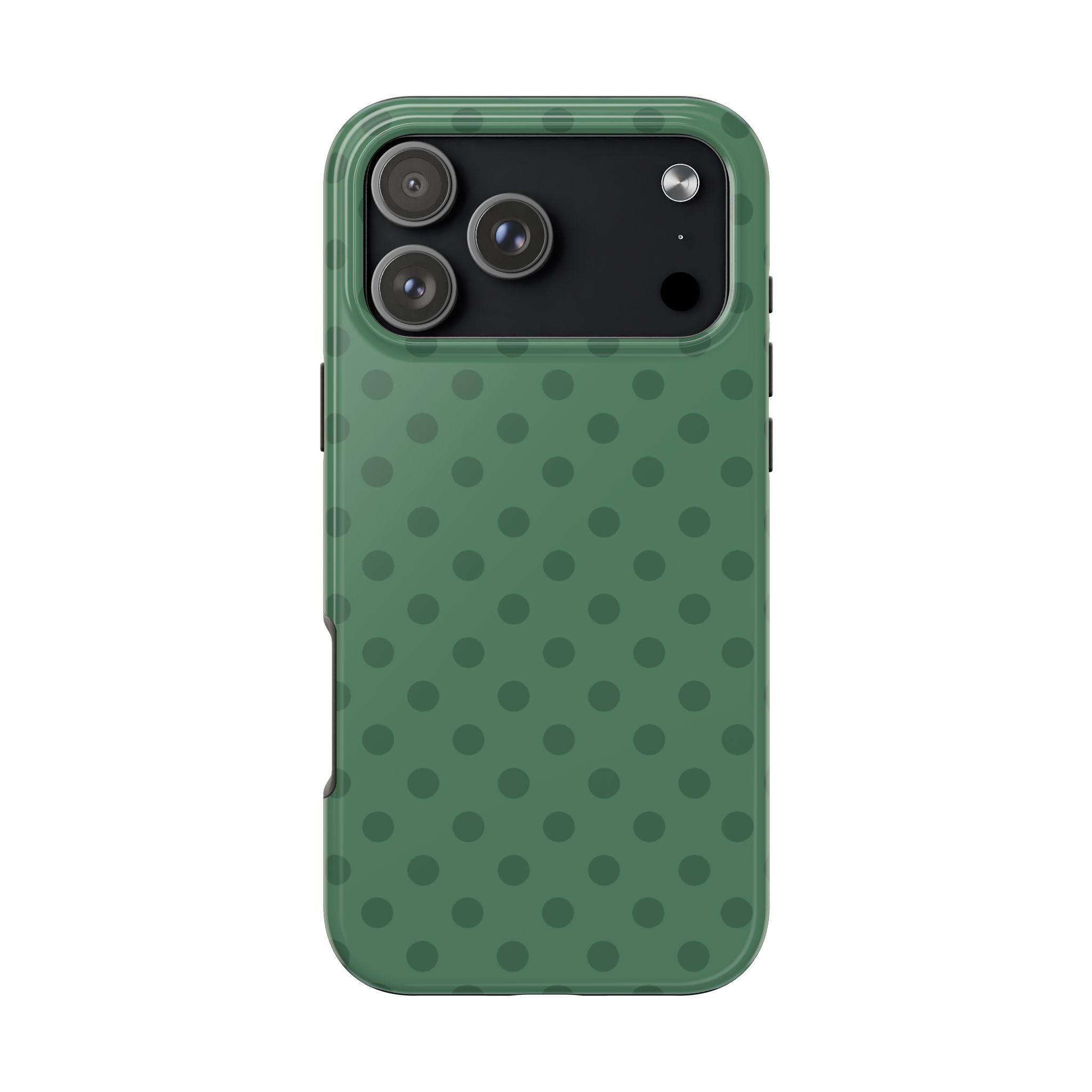 Green polka dot phone case with cutouts for camera and flash, protective edges