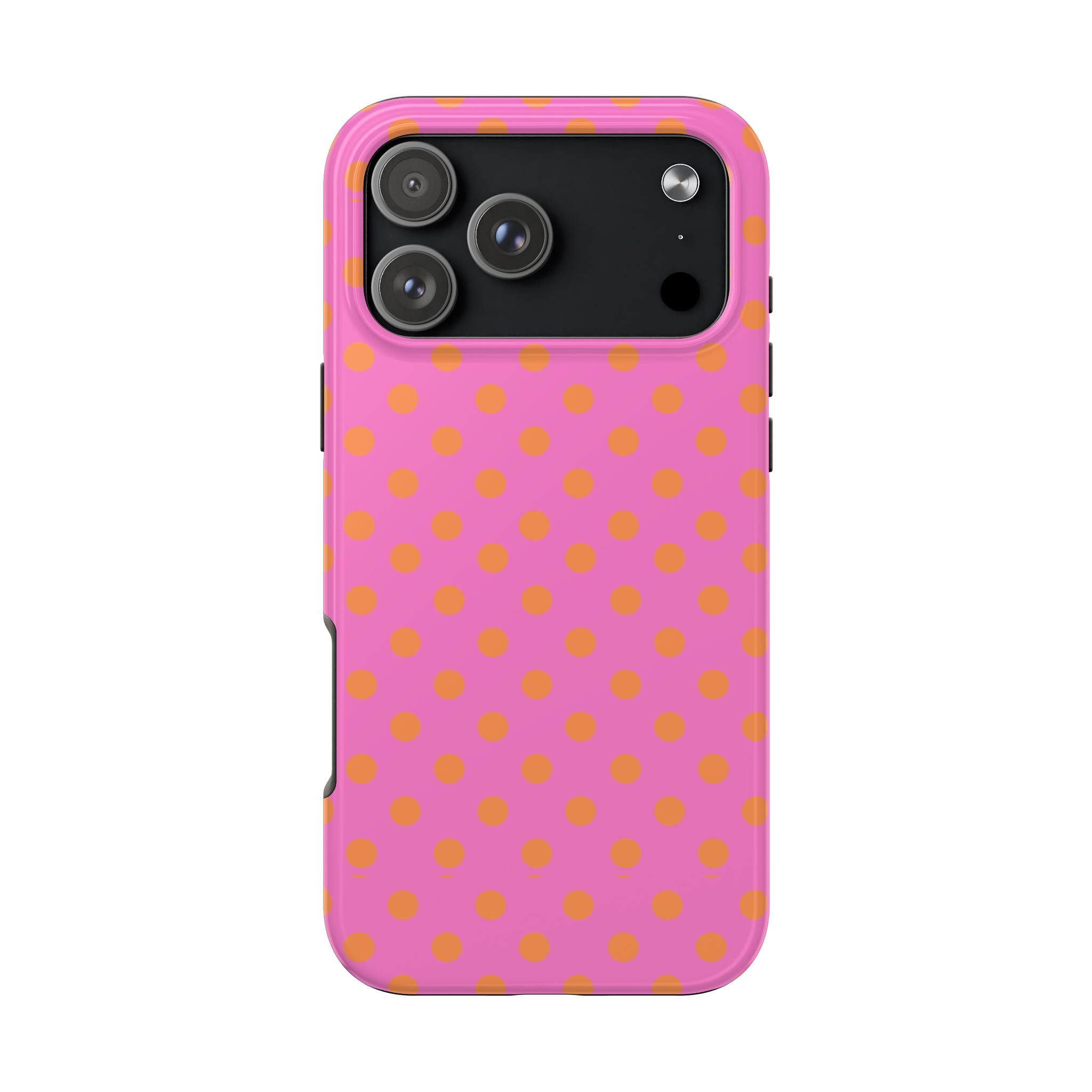 Pink phone case with orange polka dots, raised camera cutout and flash