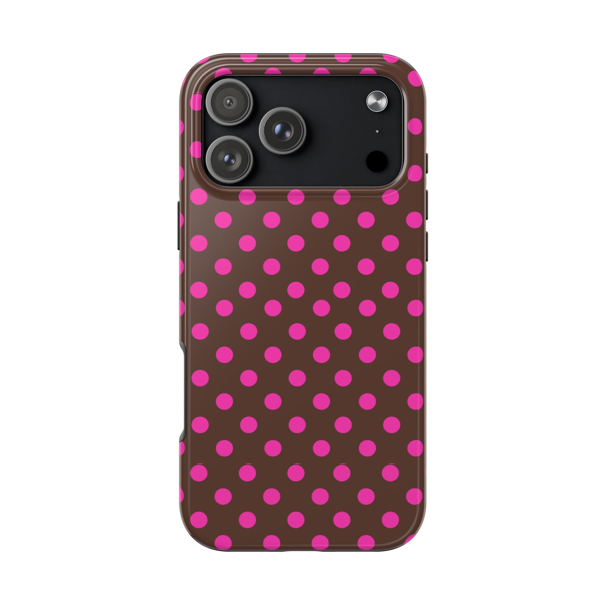Phone case with brown base and pink polka dots; raised camera cutouts