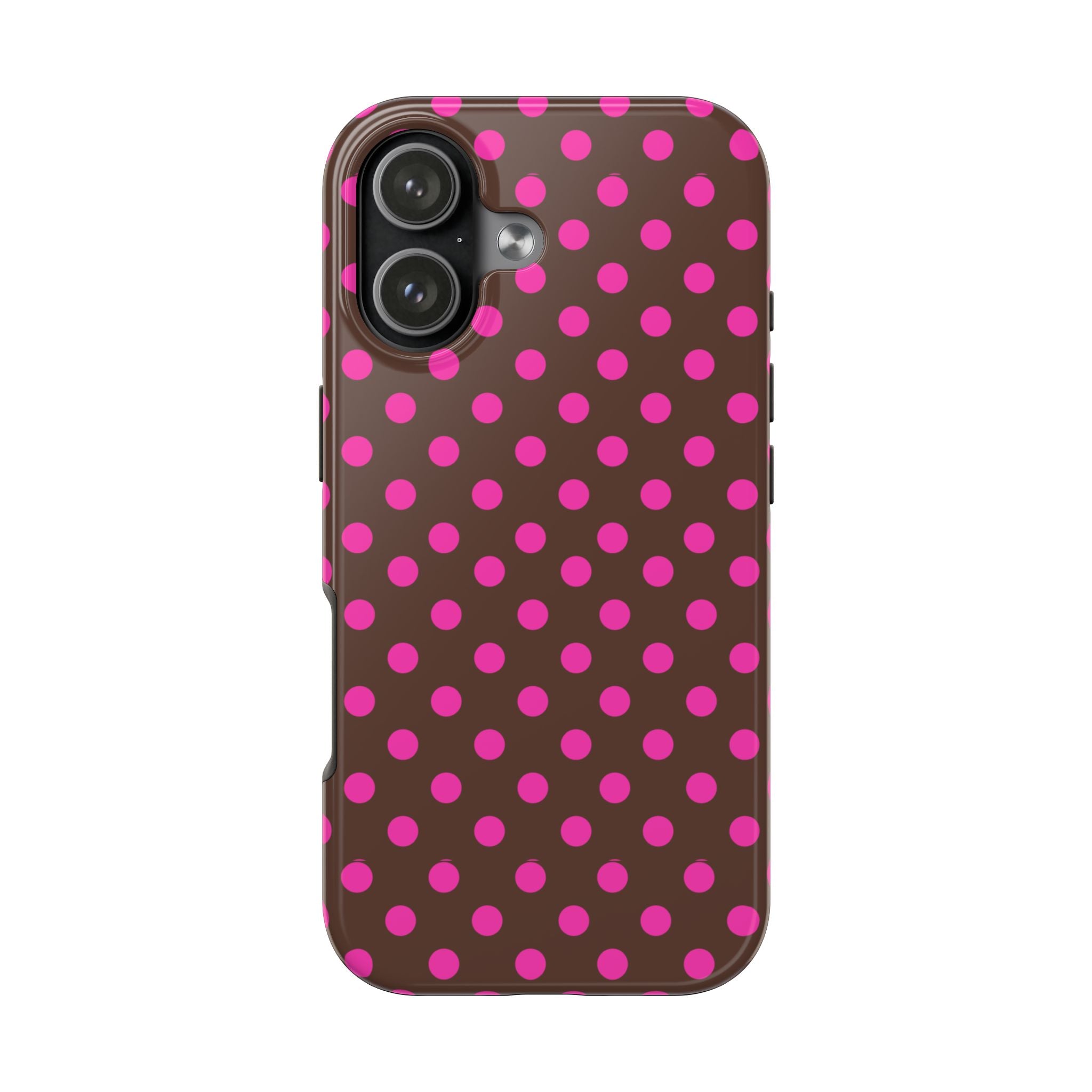 Phone case with brown base and pink polka dots; triple-lens camera cover
