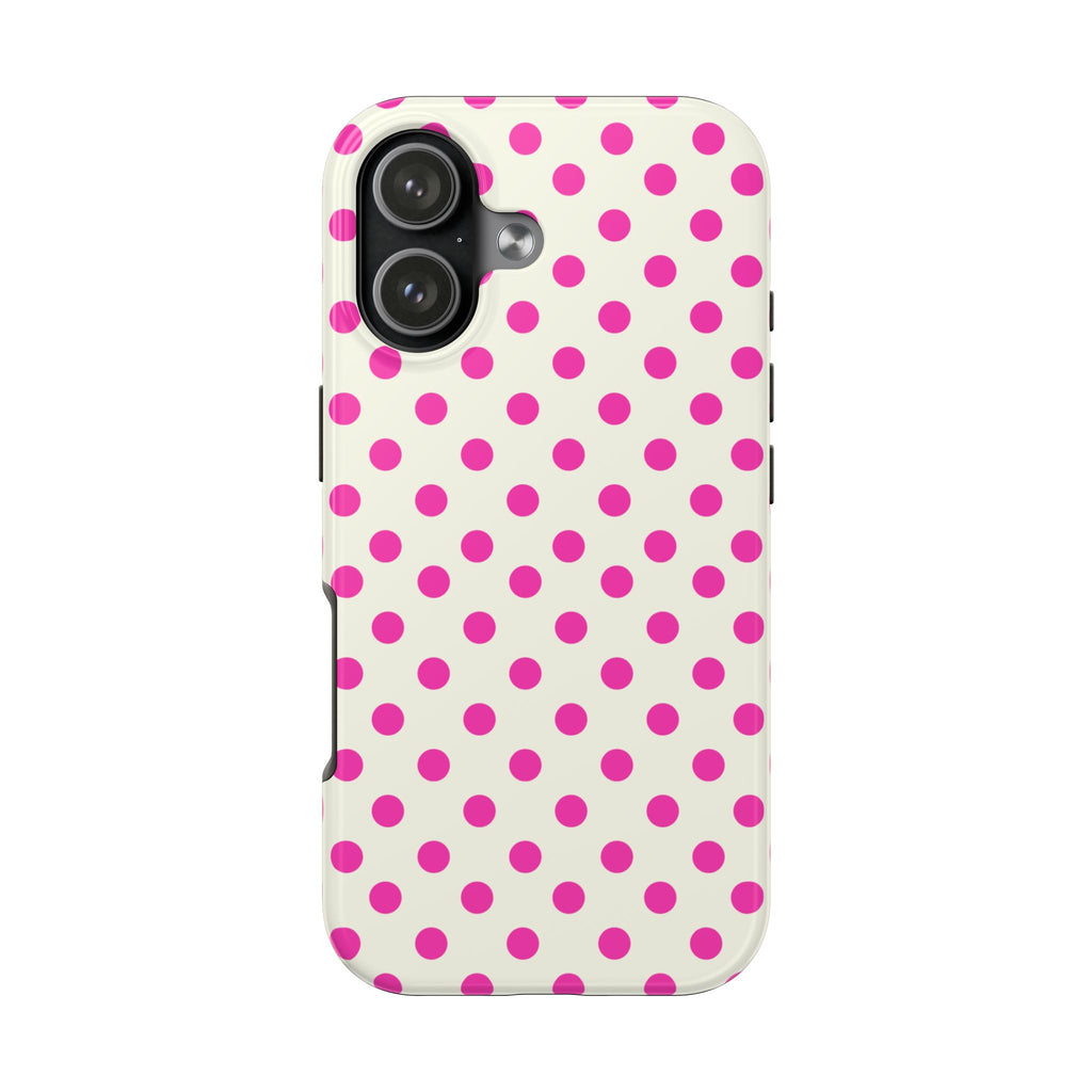 Cream polka dot phone case back with magenta dots and camera lens openings