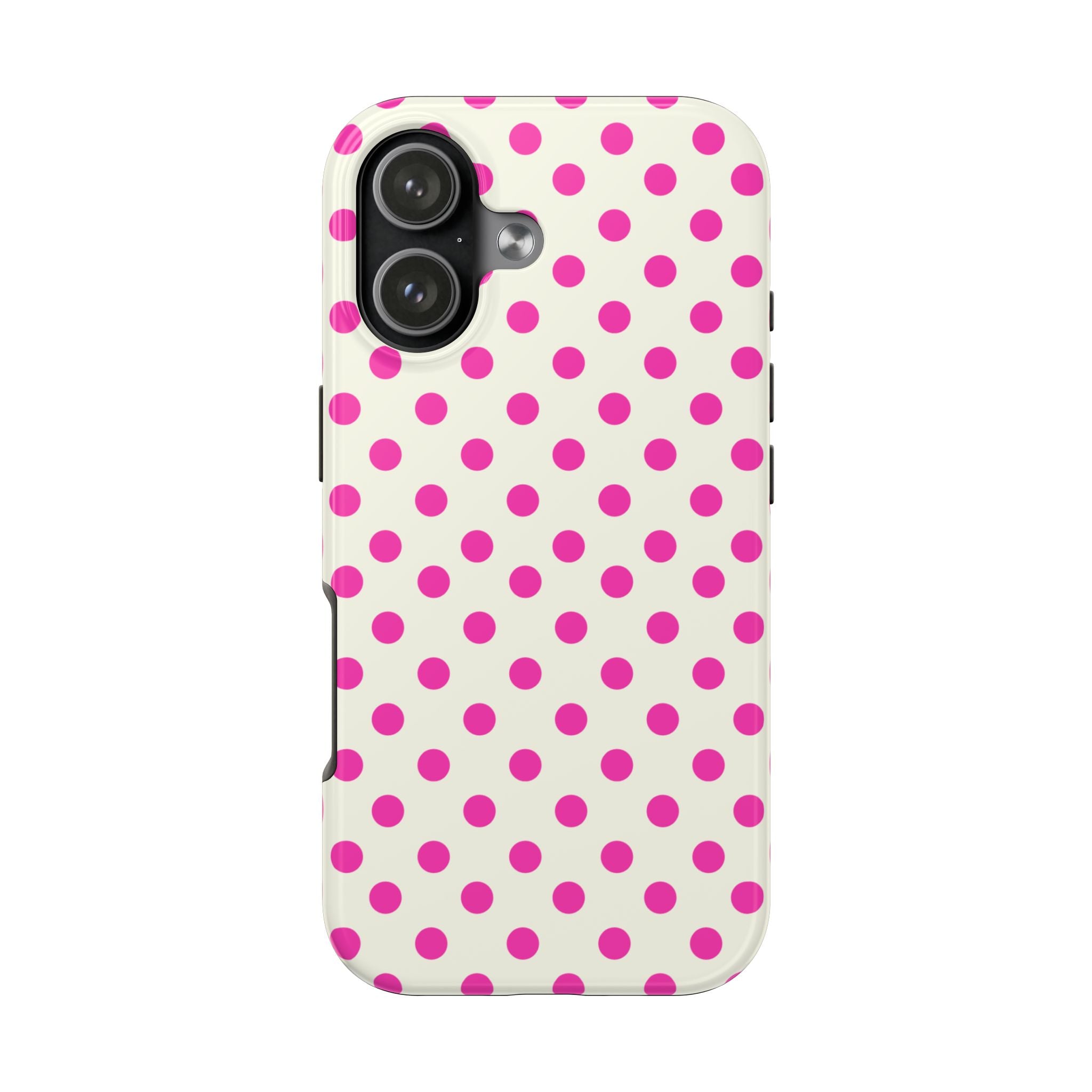 Cream polka dot phone case back with magenta dots and camera lens openings