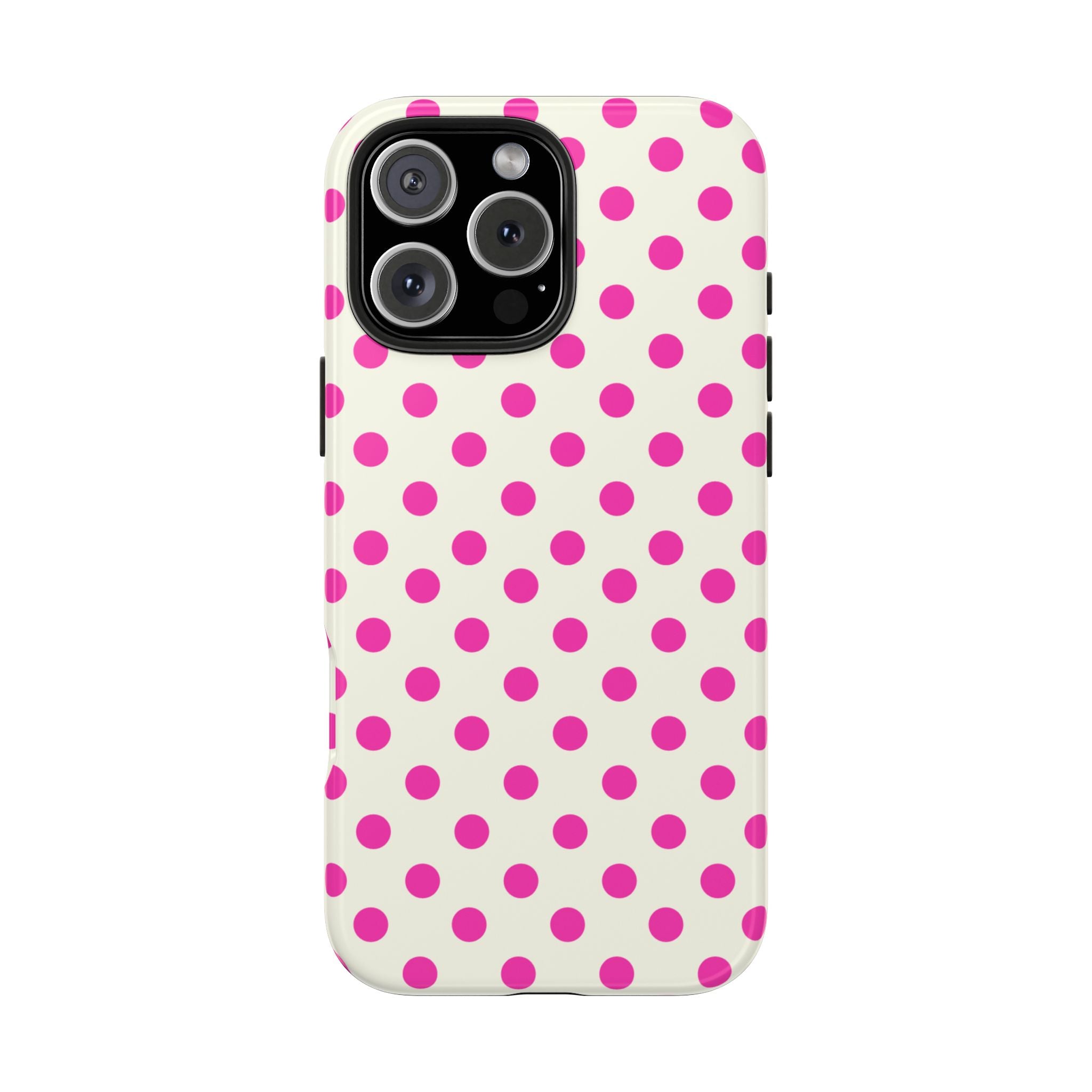 Cream polka dot phone case front view with magenta dots and camera lens cutouts