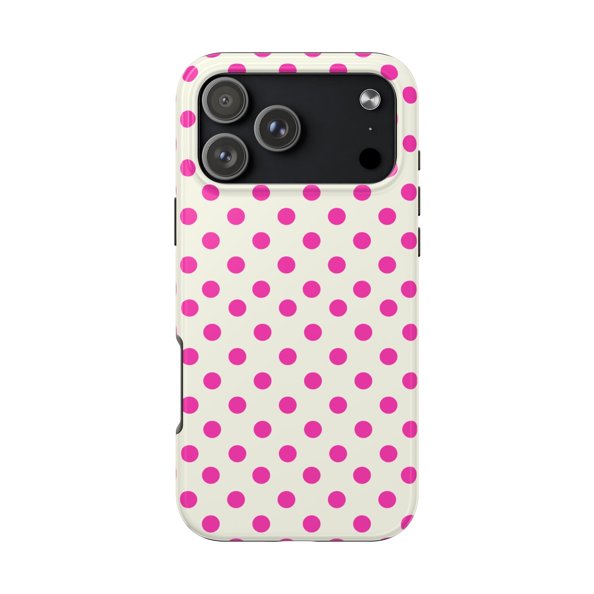 Cream polka dot phone case with magenta dots and camera cutouts