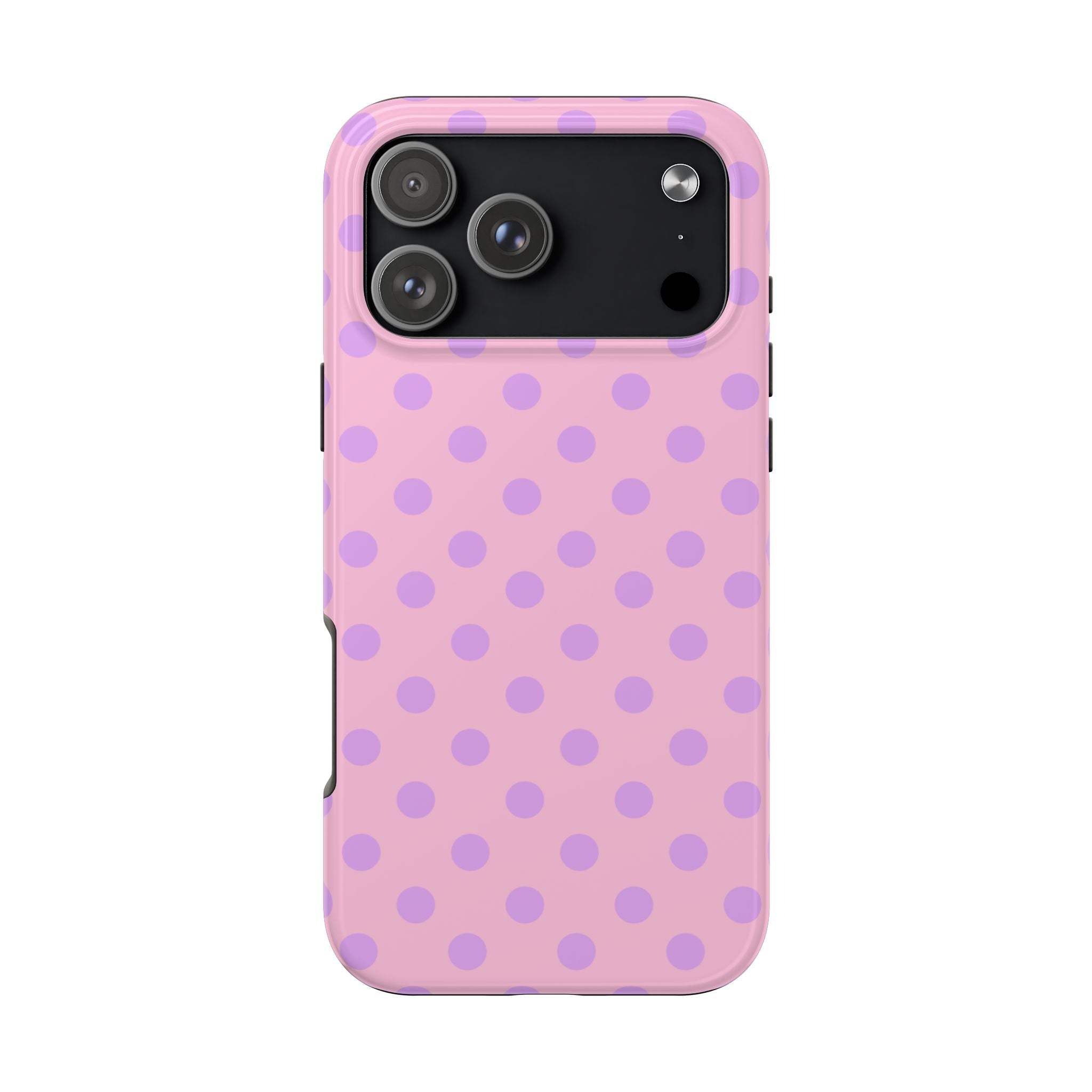 Pink phone case with lavender polka dots and camera cutout on the back