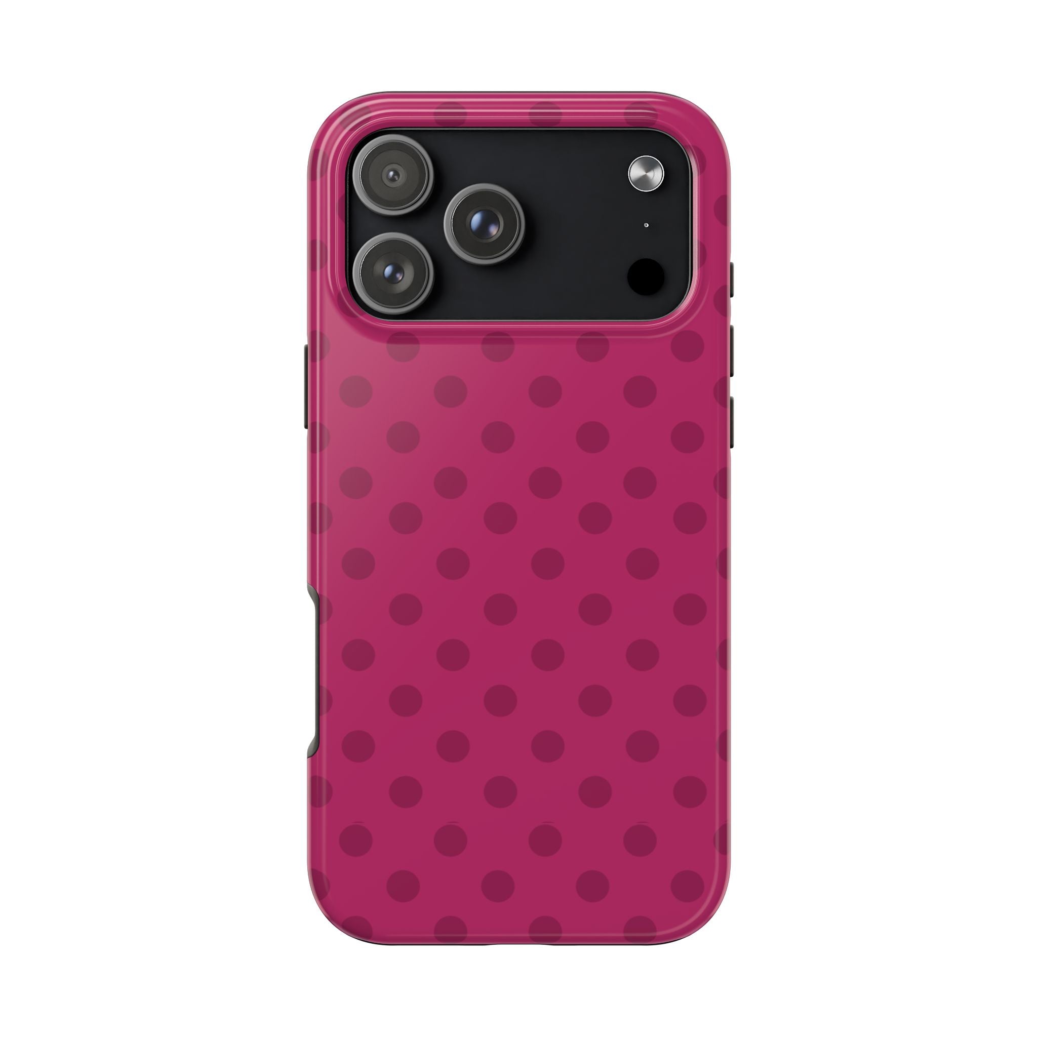 Cranberry pink phone case with dark polka dots; cutouts for triple rear cameras