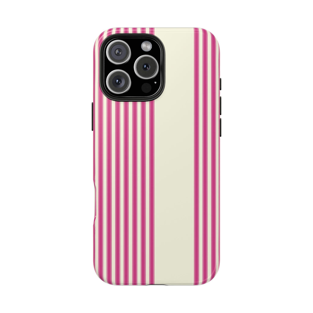 Cream and raspberry striped phone case with camera cutout and raised lens cover