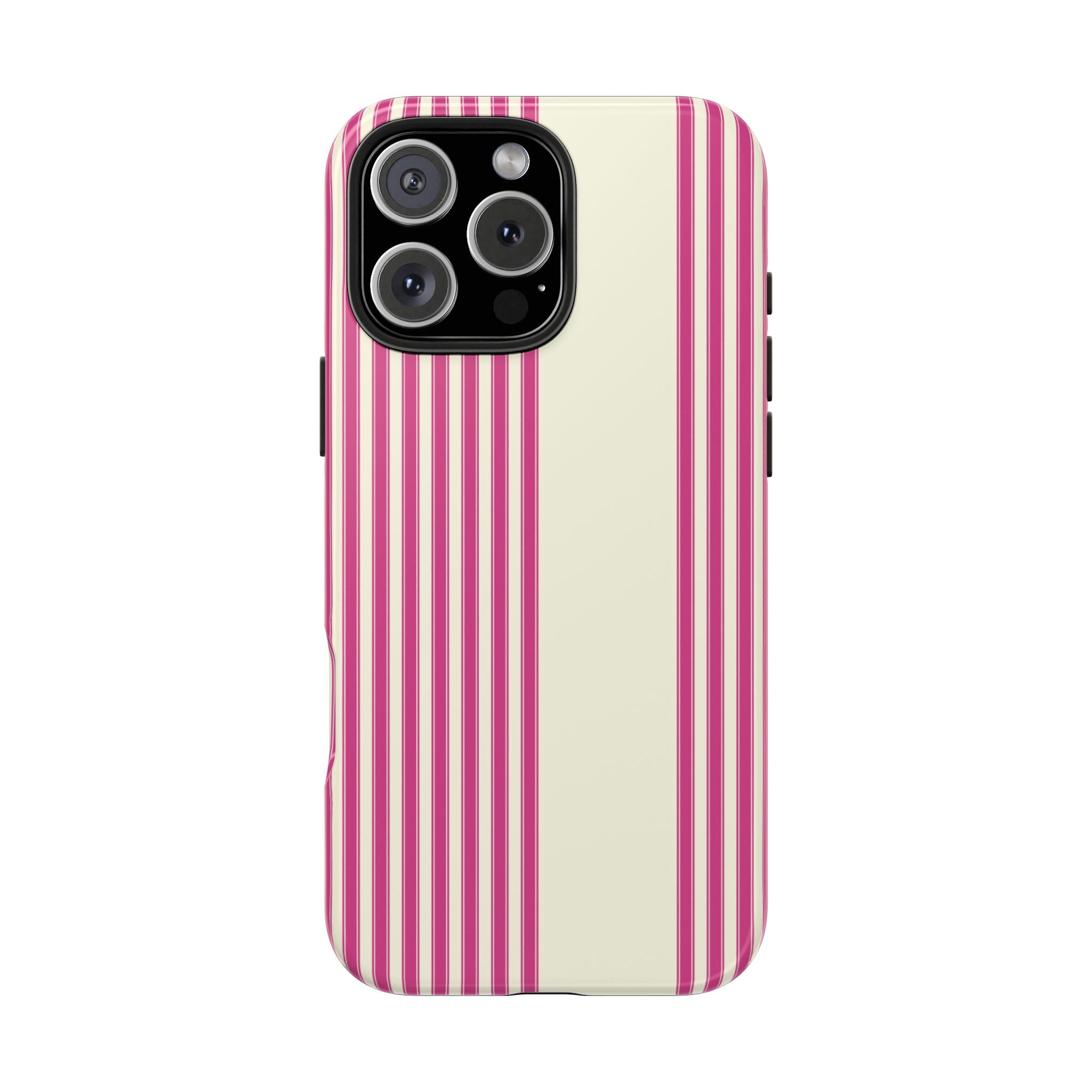 Cream and raspberry striped phone case with camera cutout and raised lens cover