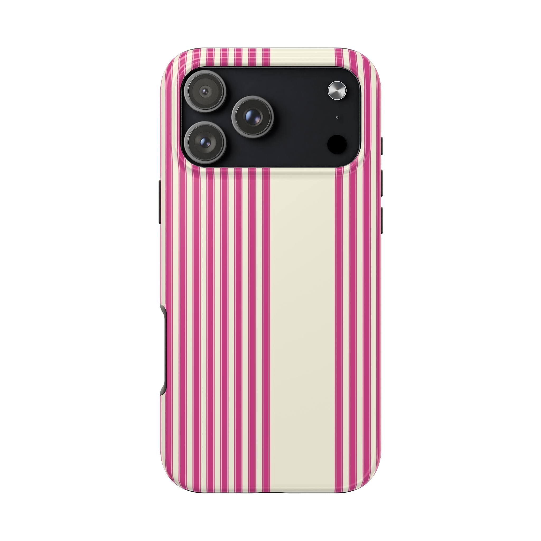 Cream and raspberry striped phone case with large camera module cutout