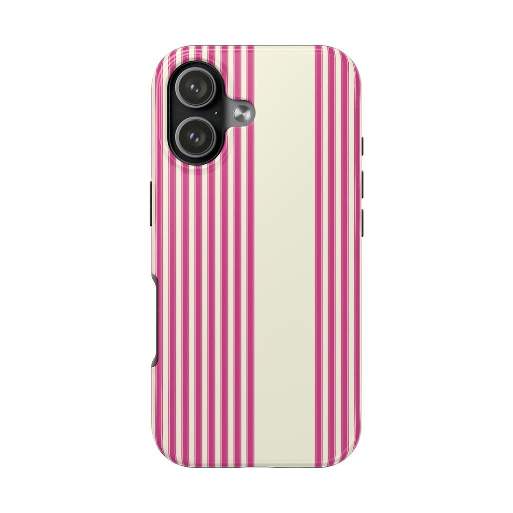 Cream and raspberry striped phone case, side buttons and camera lens openings