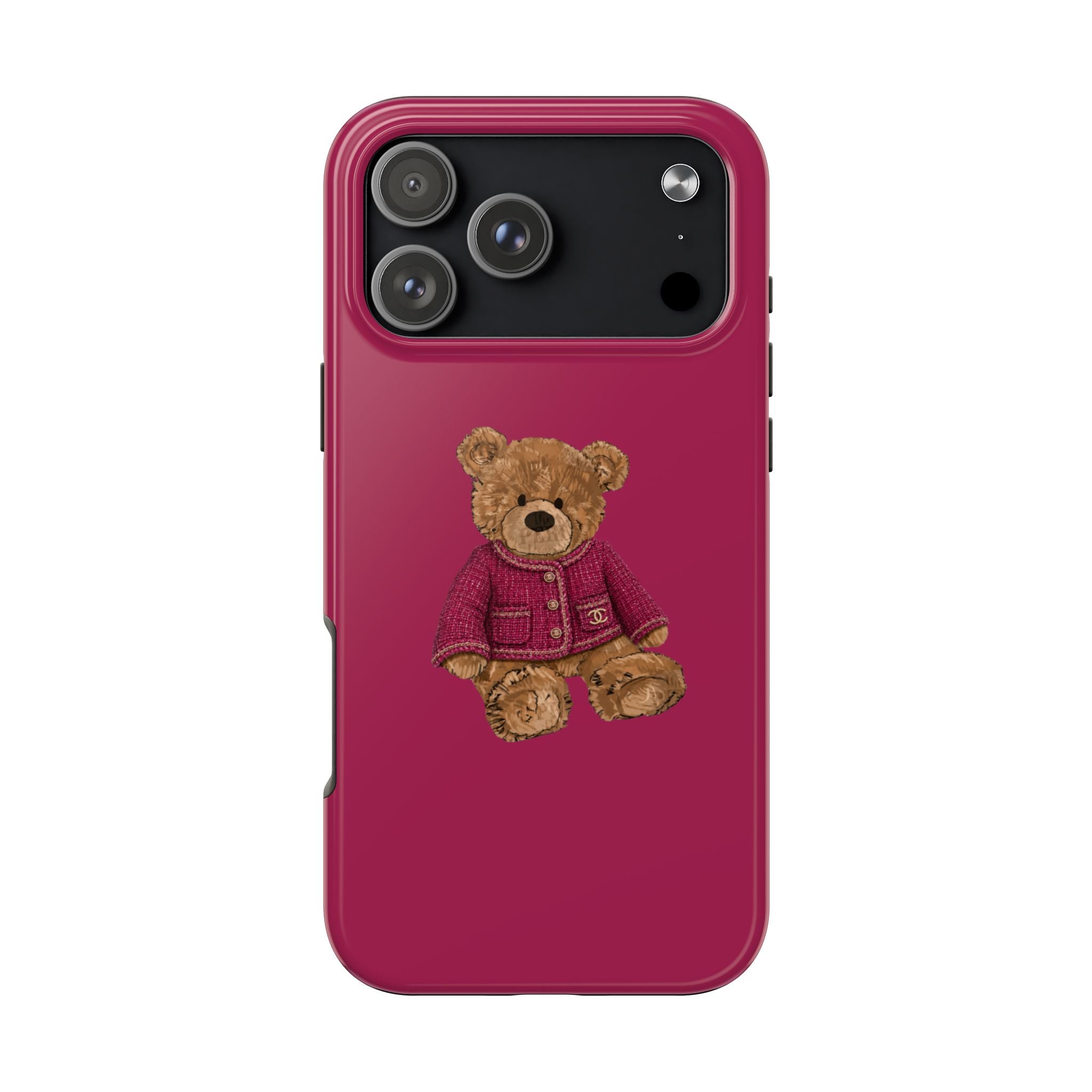 Raspberry pink phone case with teddy bear applique and maroon jacket, camera window