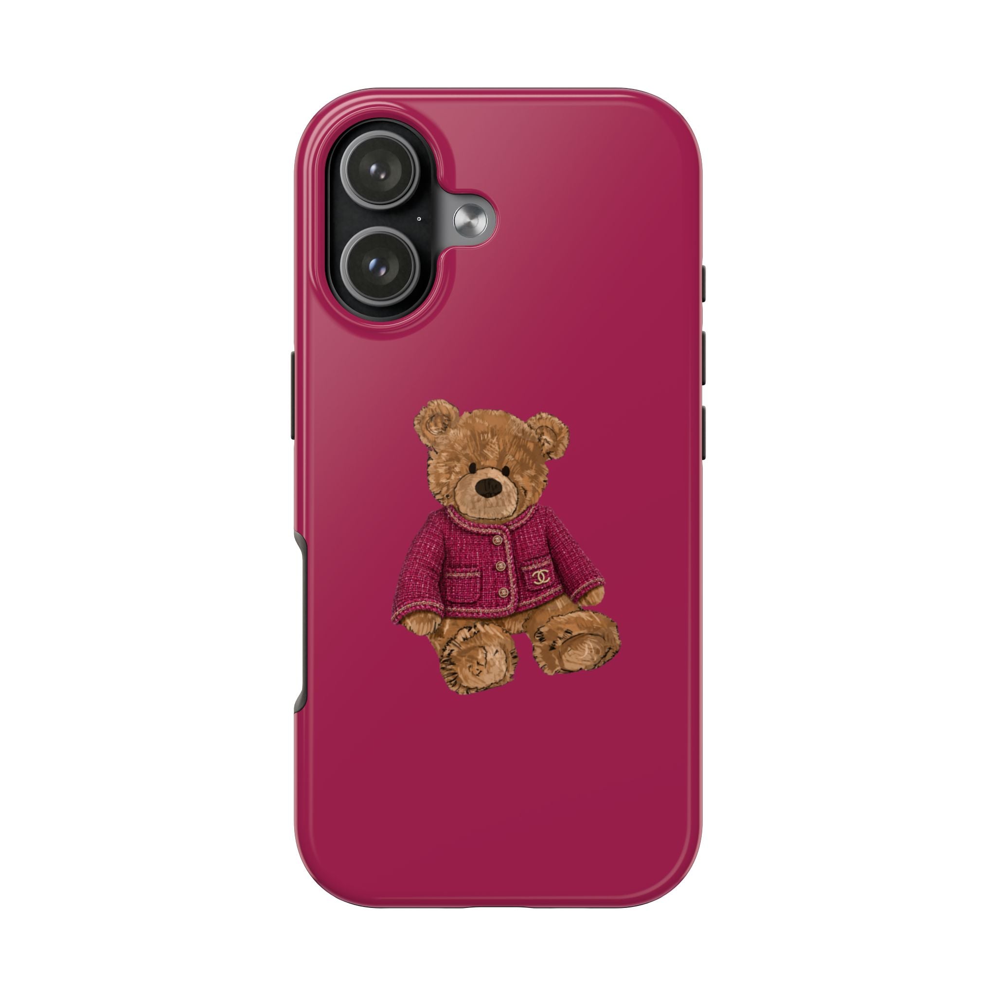 Raspberry pink phone case with embroidered teddy bear in maroon jacket, camera cutouts