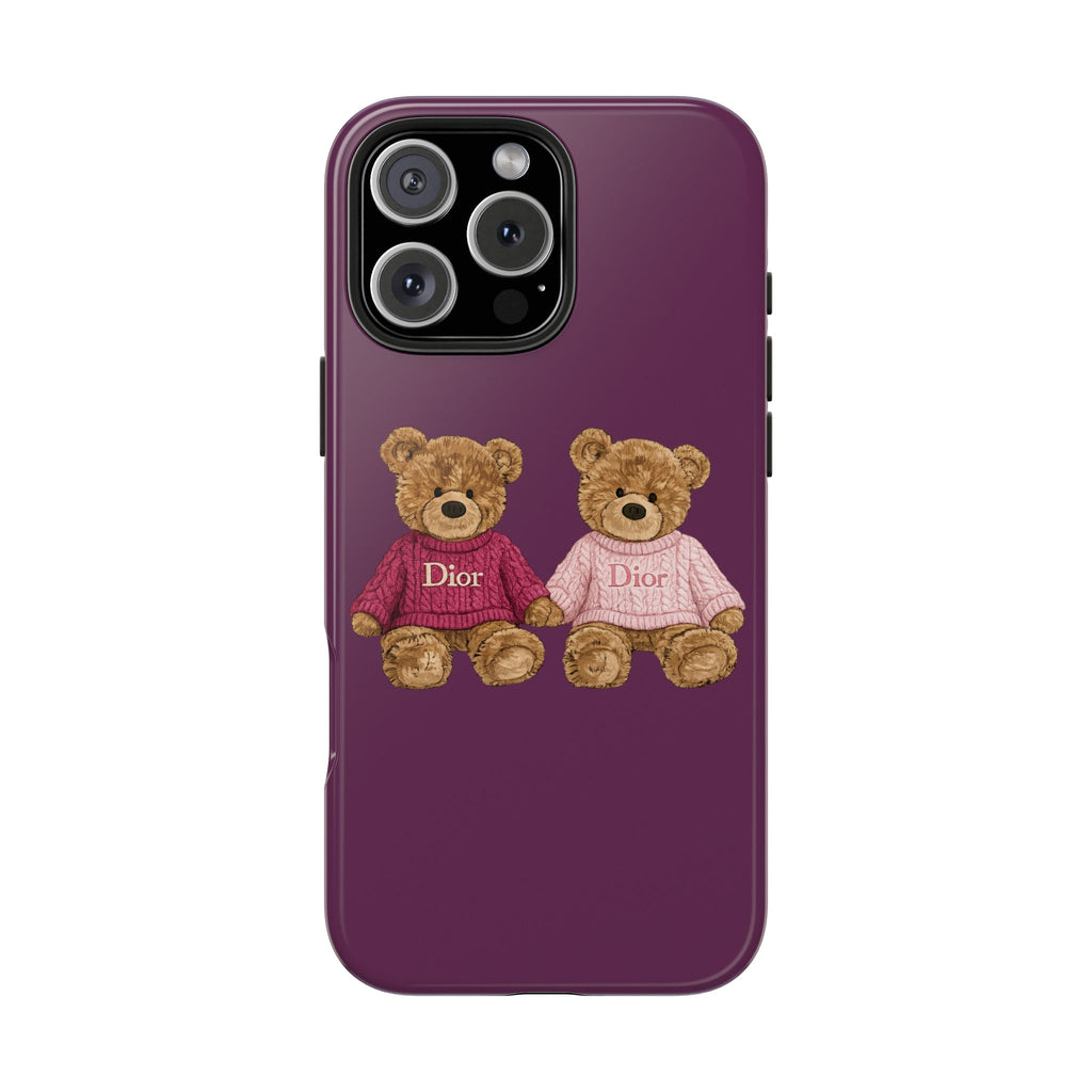 Purple phone case with two teddy bears in pink and white Dior sweaters