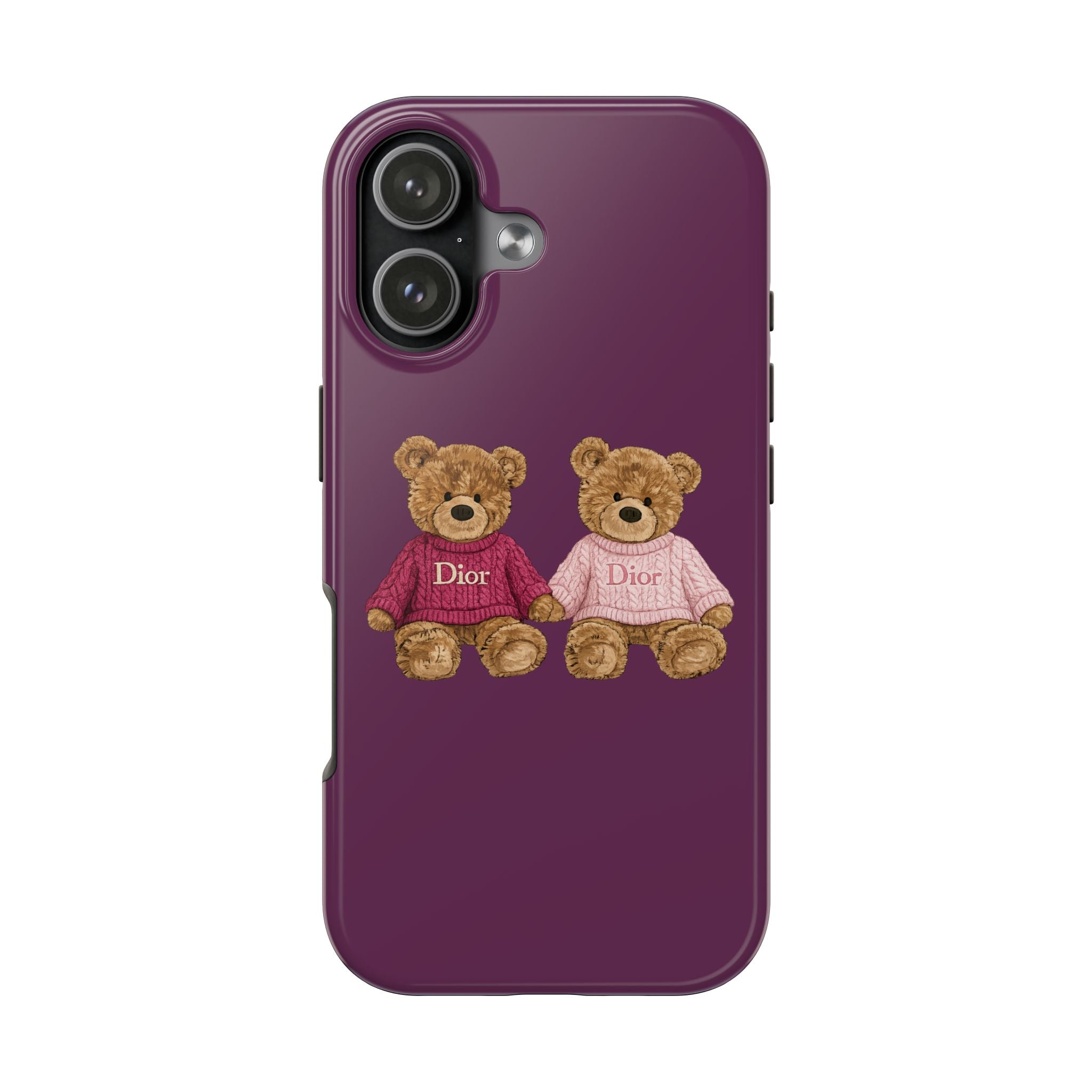 Purple phone case with two teddy bears in pink and white Dior sweaters, side view